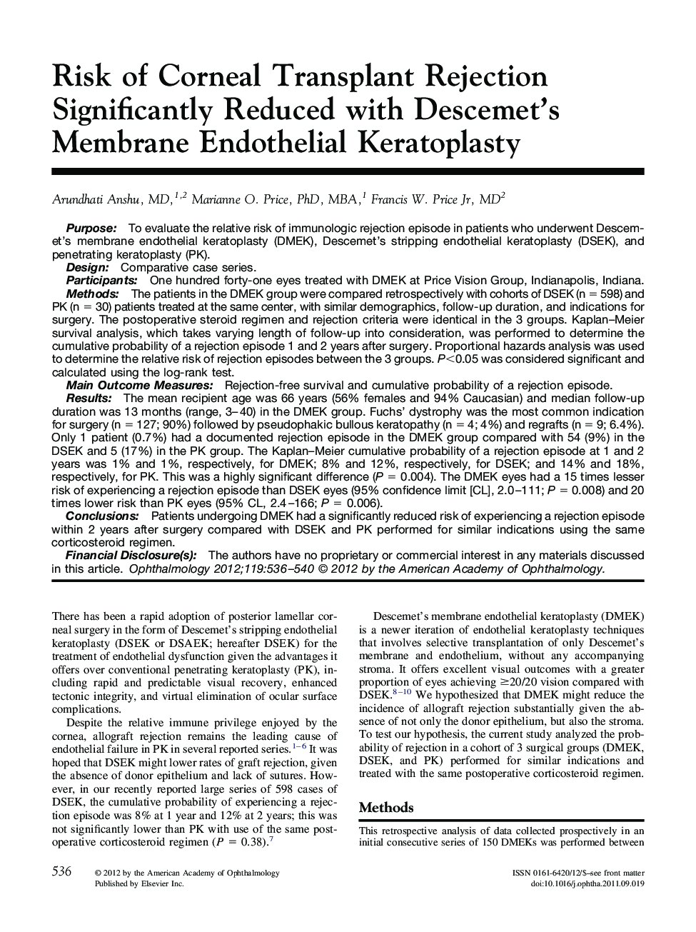 Risk of Corneal Transplant Rejection Significantly Reduced with Descemet's Membrane Endothelial Keratoplasty 