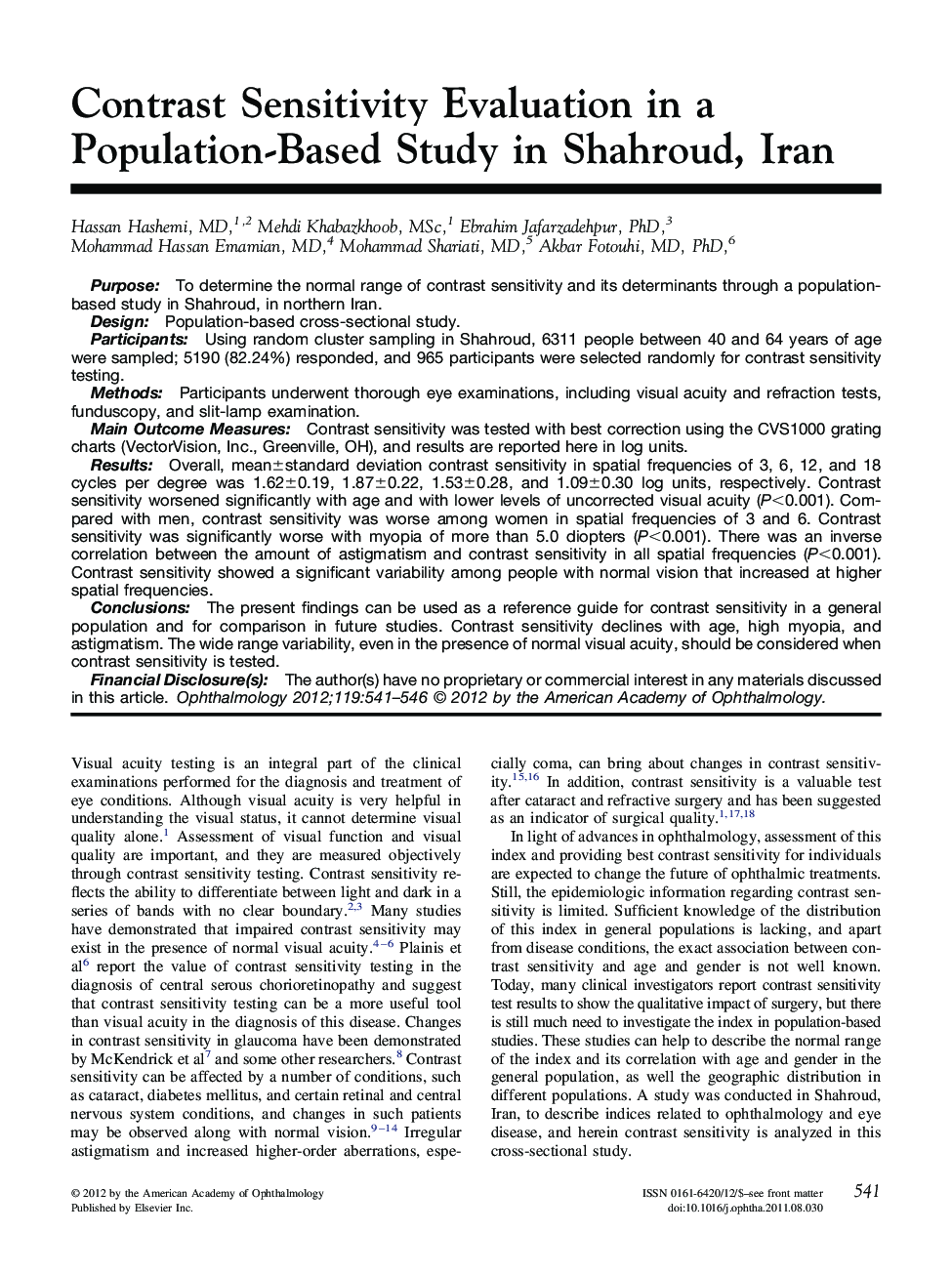 Contrast Sensitivity Evaluation in a Population-Based Study in Shahroud, Iran 