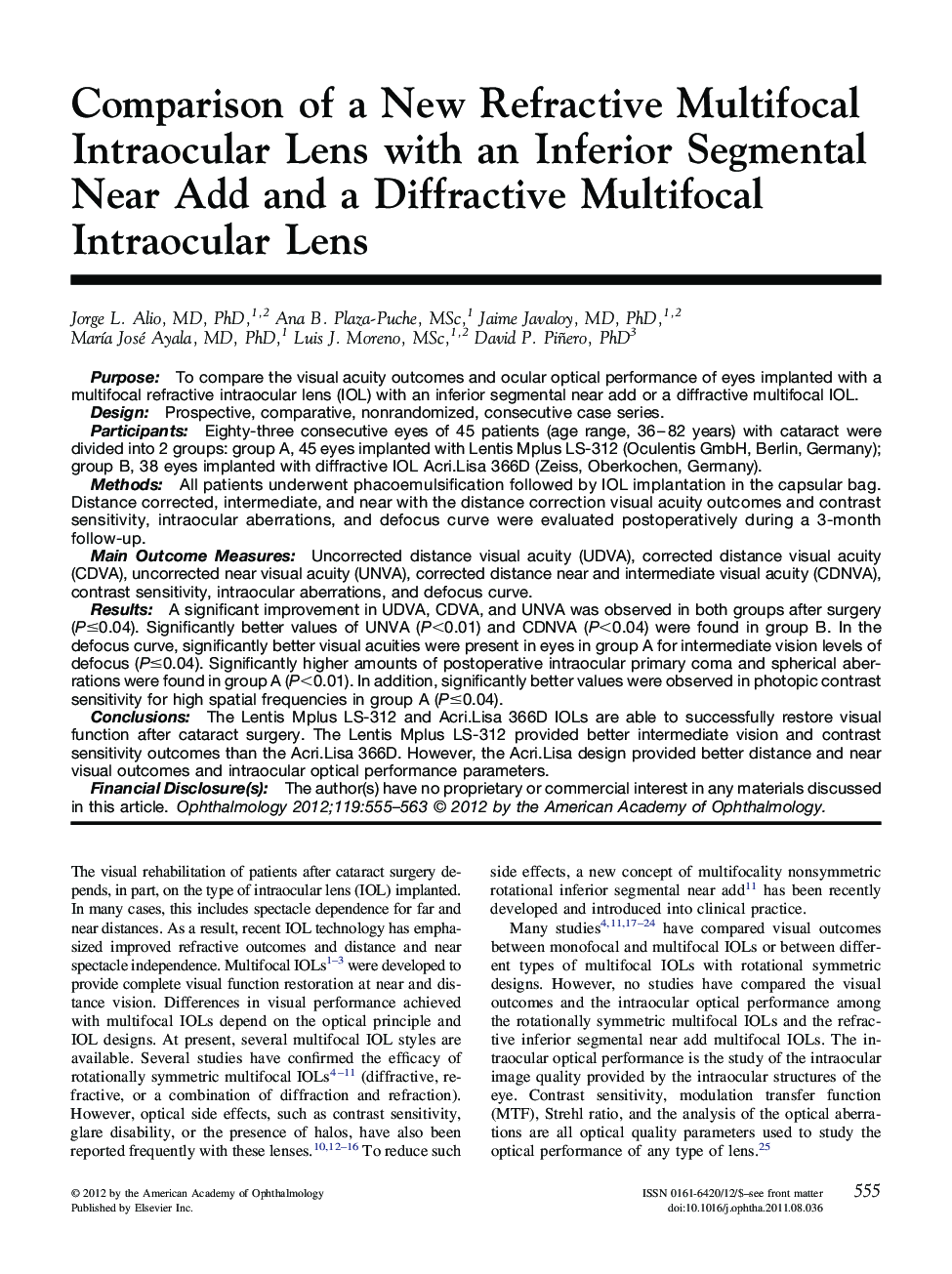 عکس صفحه اول مقاله: Comparison of a New Refractive Multifocal Intraocular Lens with an Inferior Segmental Near Add and a Diffractive Multifocal Intraocular Lens Comparison of a New Refractive Multifocal Intraocular Lens with an Inferior Segmental Near Add and a Diffractive Multifocal Intraocular Lens