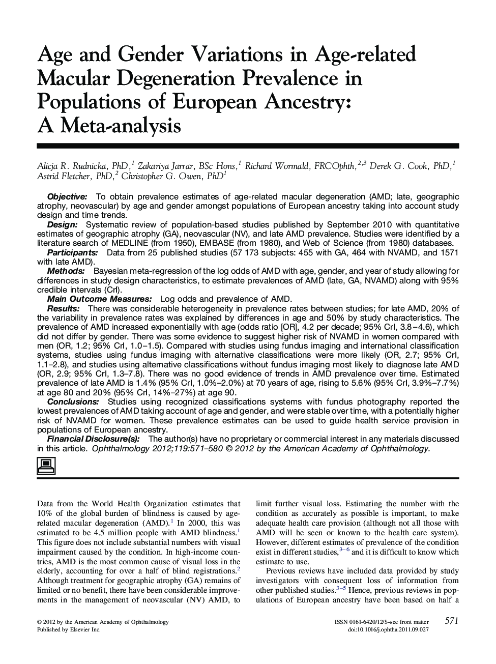 Age and Gender Variations in Age-related Macular Degeneration Prevalence in Populations of European Ancestry: A Meta-analysis