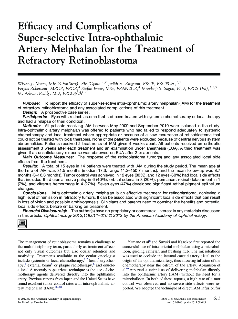 Efficacy and Complications of Super-selective Intra-ophthalmic Artery Melphalan for the Treatment of Refractory Retinoblastoma
