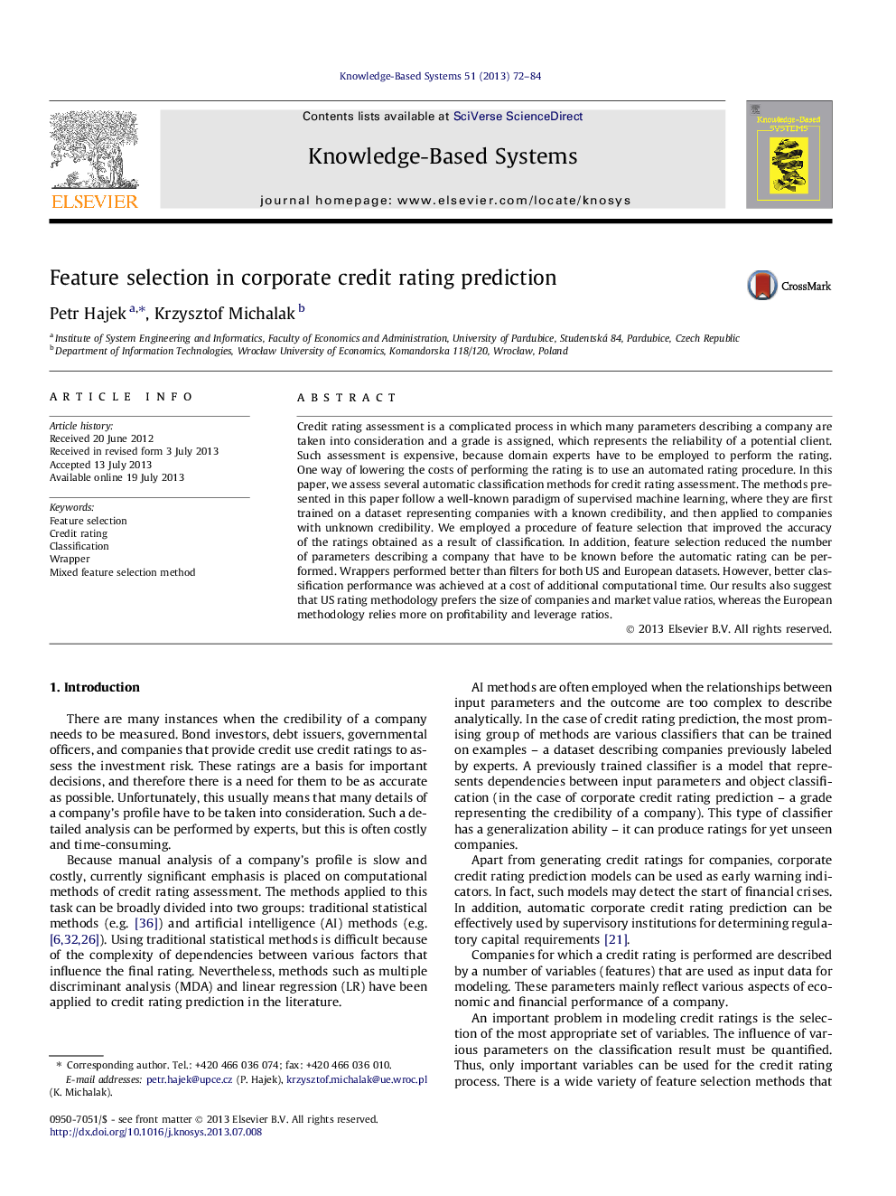 Feature selection in corporate credit rating prediction