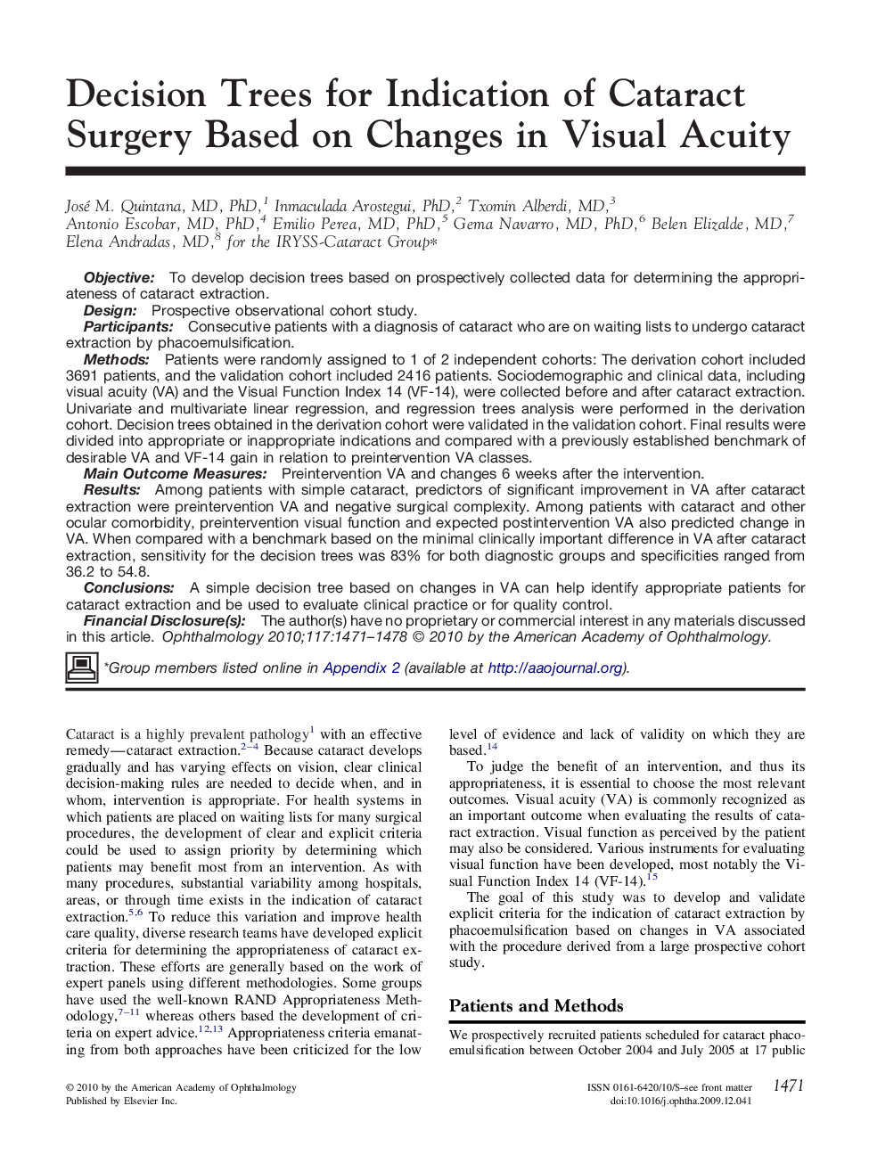 عکس صفحه اول مقاله: Decision Trees for Indication of Cataract Surgery Based on Changes in Visual Acuity Decision Trees for Indication of Cataract Surgery Based on Changes in Visual Acuity