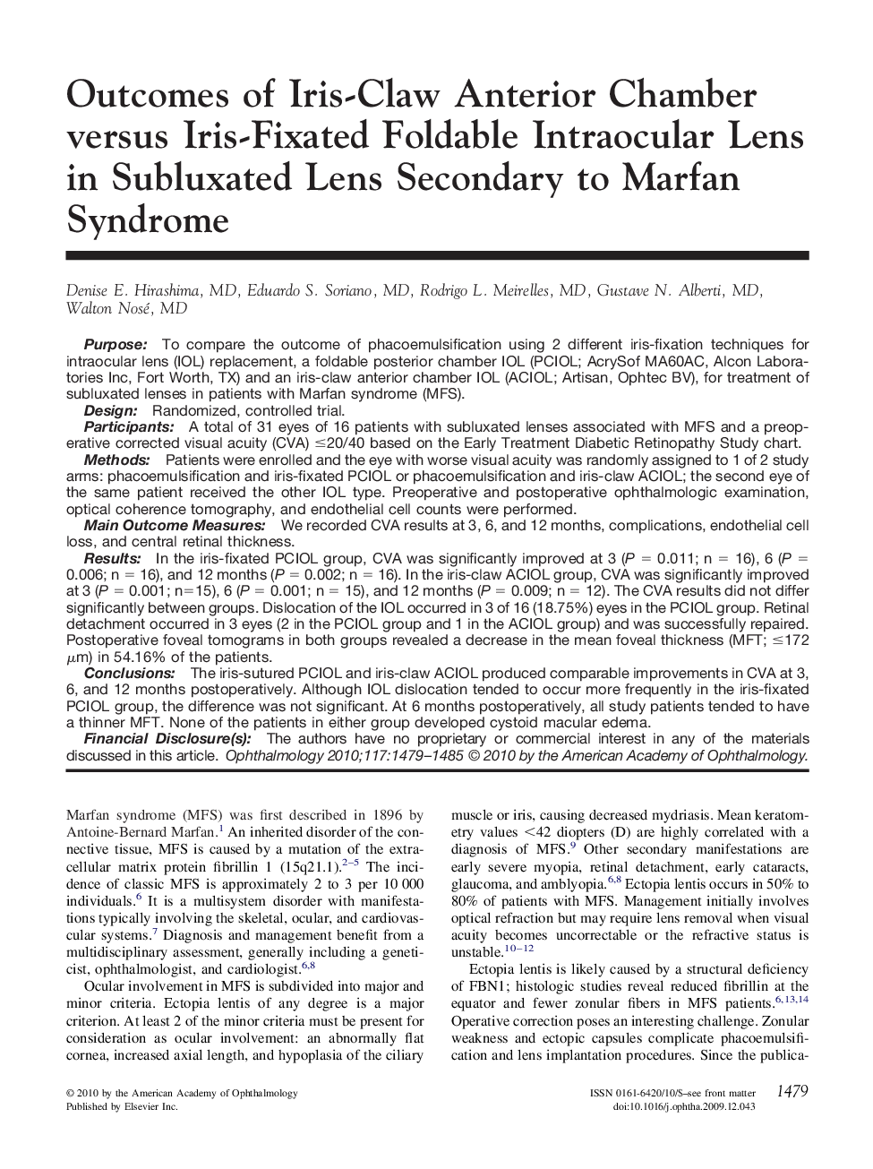 Outcomes of Iris-Claw Anterior Chamber versus Iris-Fixated Foldable Intraocular Lens in Subluxated Lens Secondary to Marfan Syndrome