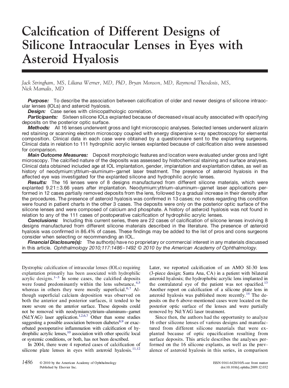 Calcification of Different Designs of Silicone Intraocular Lenses in Eyes with Asteroid Hyalosis