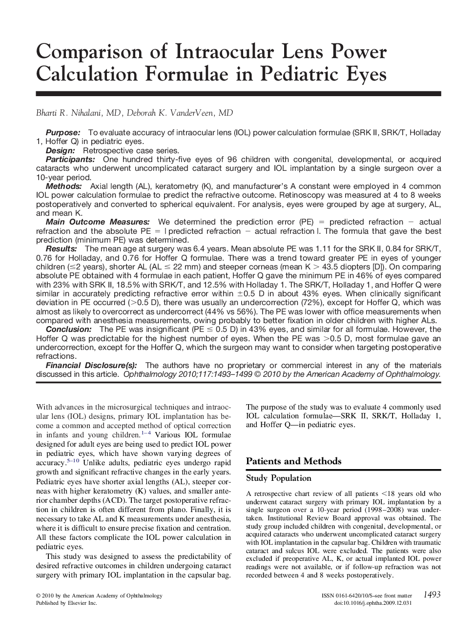 Comparison of Intraocular Lens Power Calculation Formulae in Pediatric Eyes