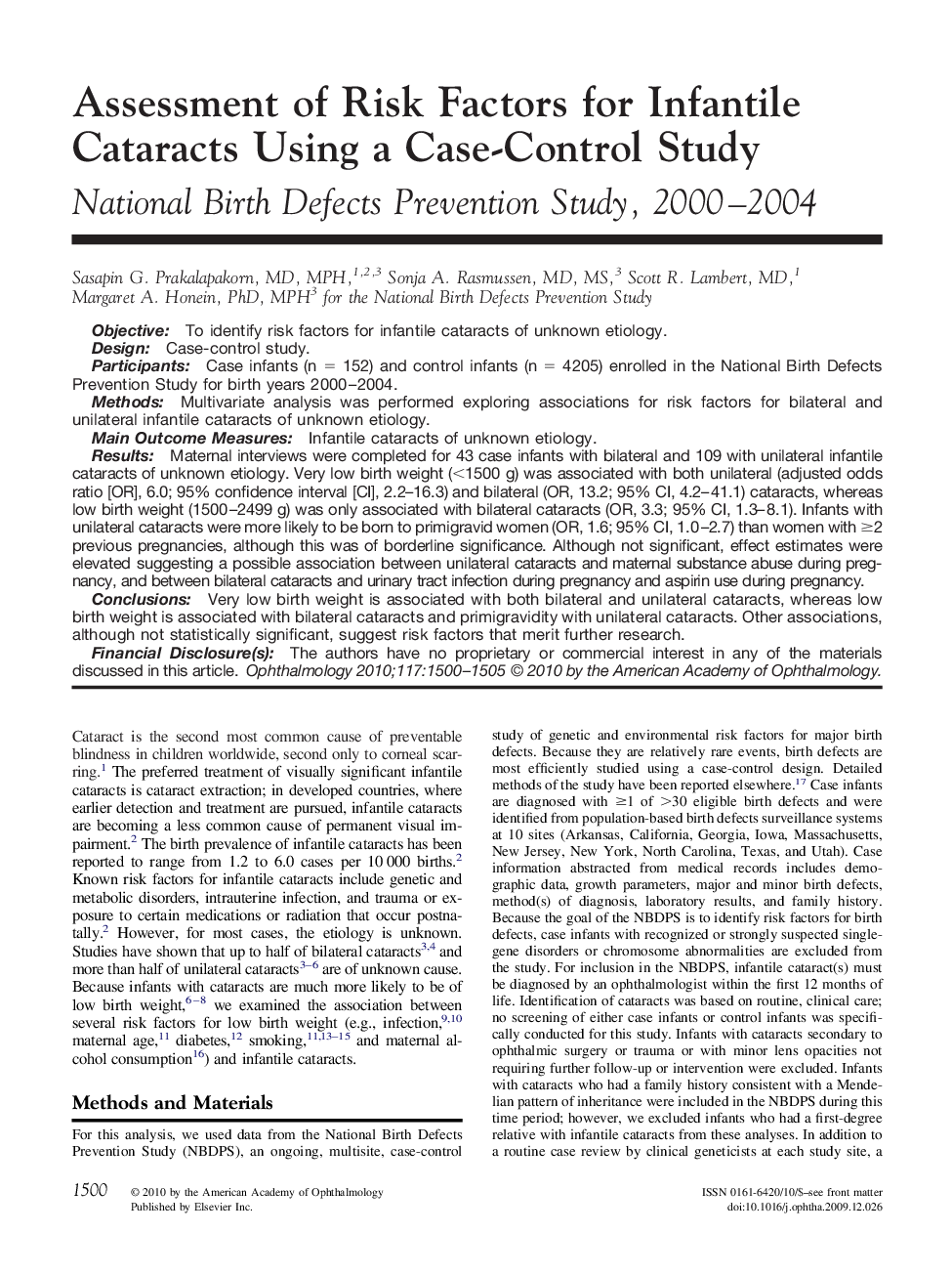Assessment of Risk Factors for Infantile Cataracts Using a Case-Control Study : National Birth Defects Prevention Study, 2000–2004