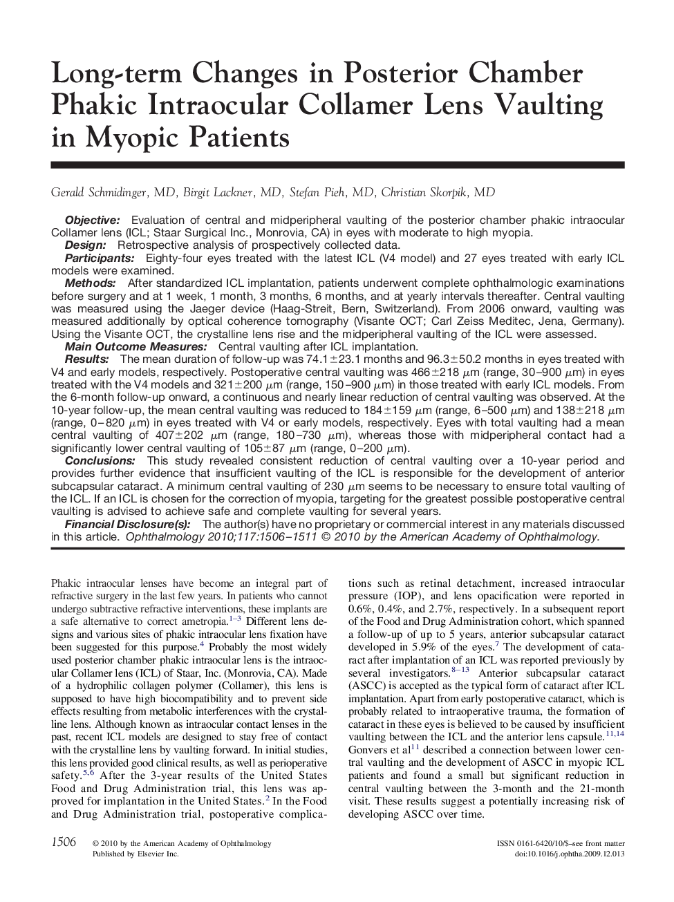 Long-term Changes in Posterior Chamber Phakic Intraocular Collamer Lens Vaulting in Myopic Patients