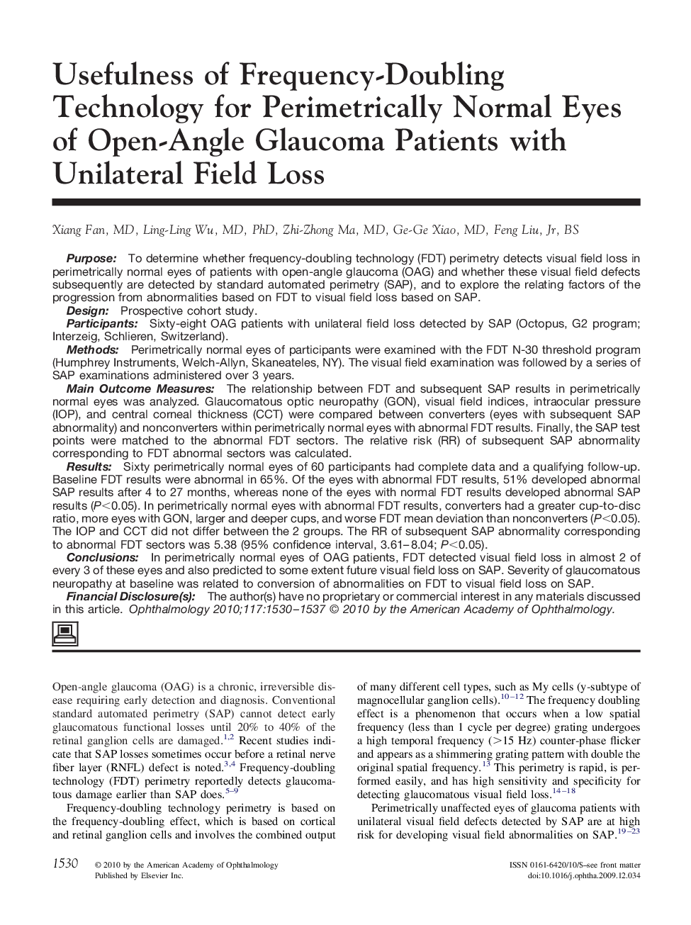 Usefulness of Frequency-Doubling Technology for Perimetrically Normal Eyes of Open-Angle Glaucoma Patients with Unilateral Field Loss