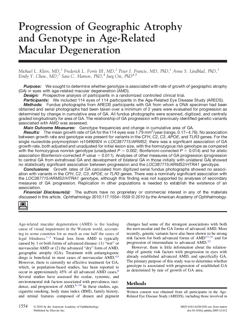 عکس صفحه اول مقاله: Progression of Geographic Atrophy and Genotype in Age-Related Macular Degeneration Progression of Geographic Atrophy and Genotype in Age-Related Macular Degeneration