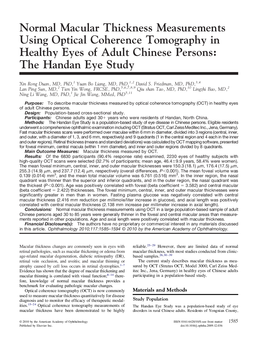 Normal Macular Thickness Measurements Using Optical Coherence Tomography in Healthy Eyes of Adult Chinese Persons: The Handan Eye Study 