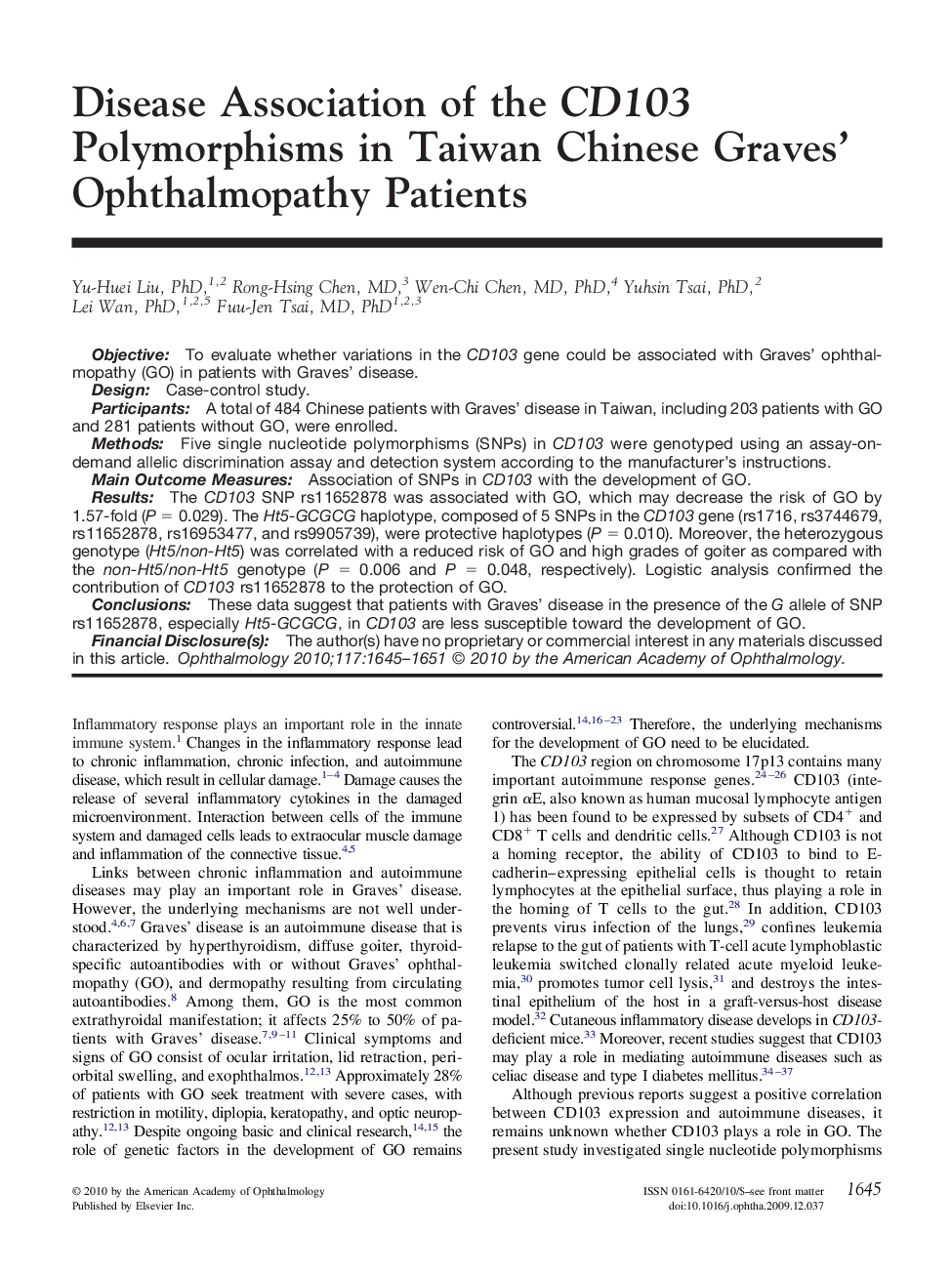 Disease Association of the CD103 Polymorphisms in Taiwan Chinese Graves' Ophthalmopathy Patients