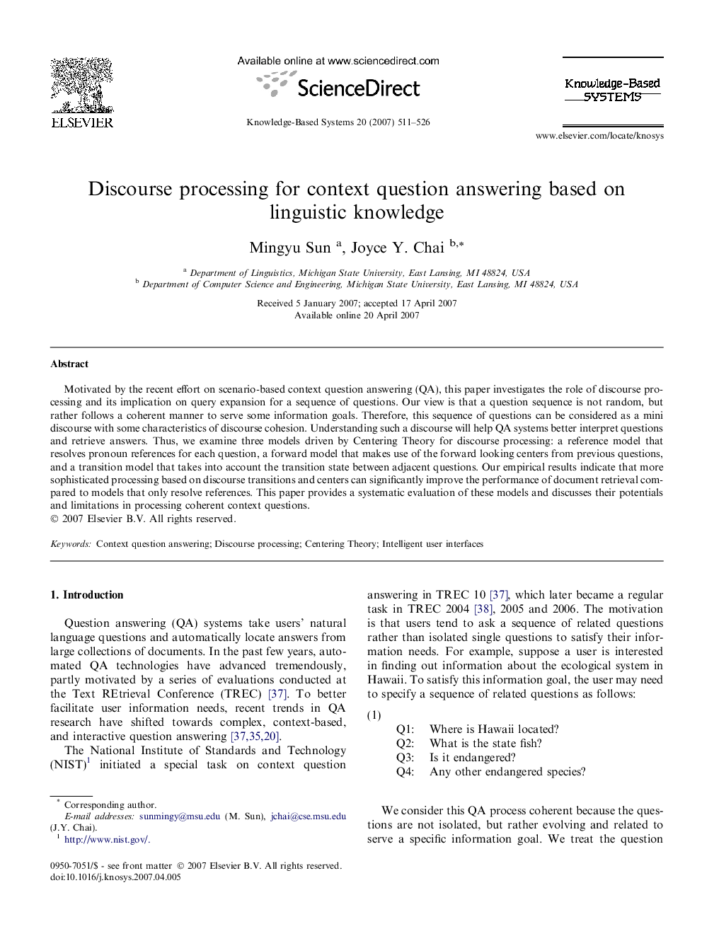 Discourse processing for context question answering based on linguistic knowledge