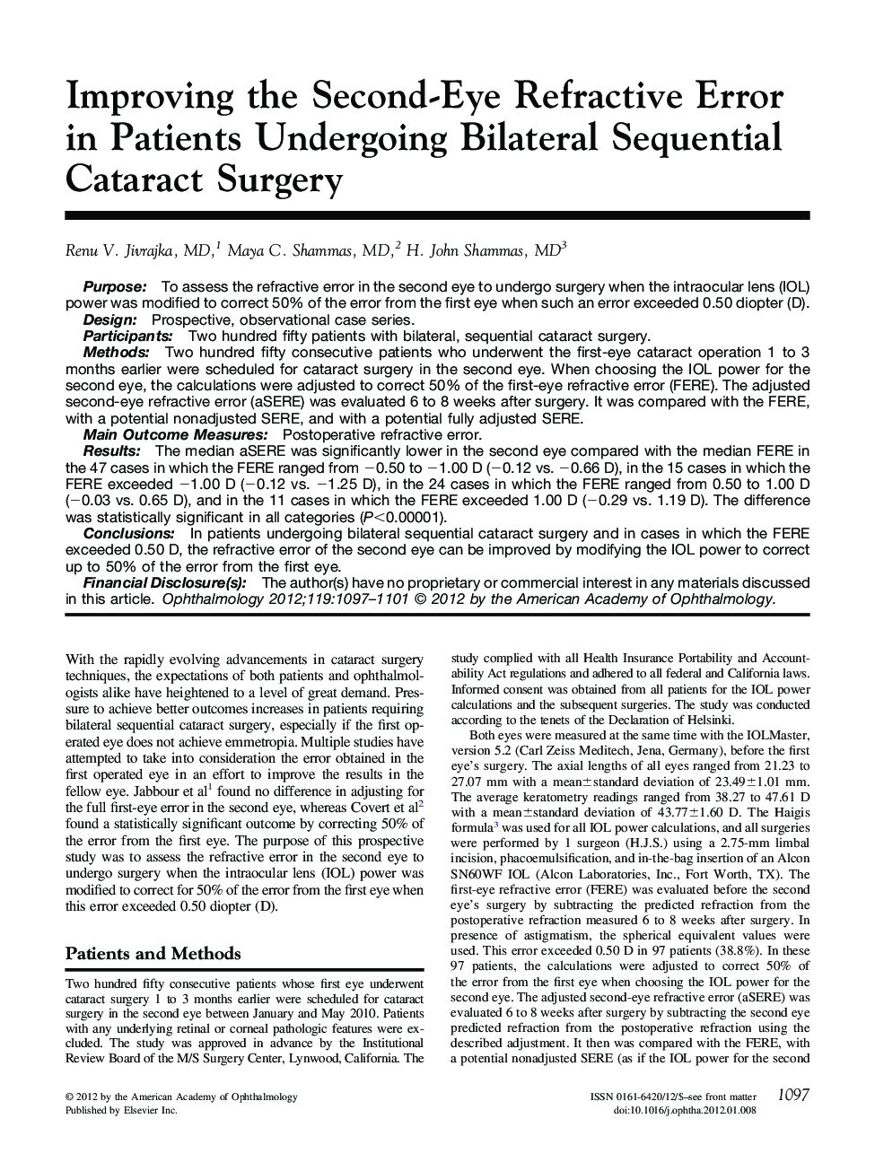 Improving the Second-Eye Refractive Error in Patients Undergoing Bilateral Sequential Cataract Surgery