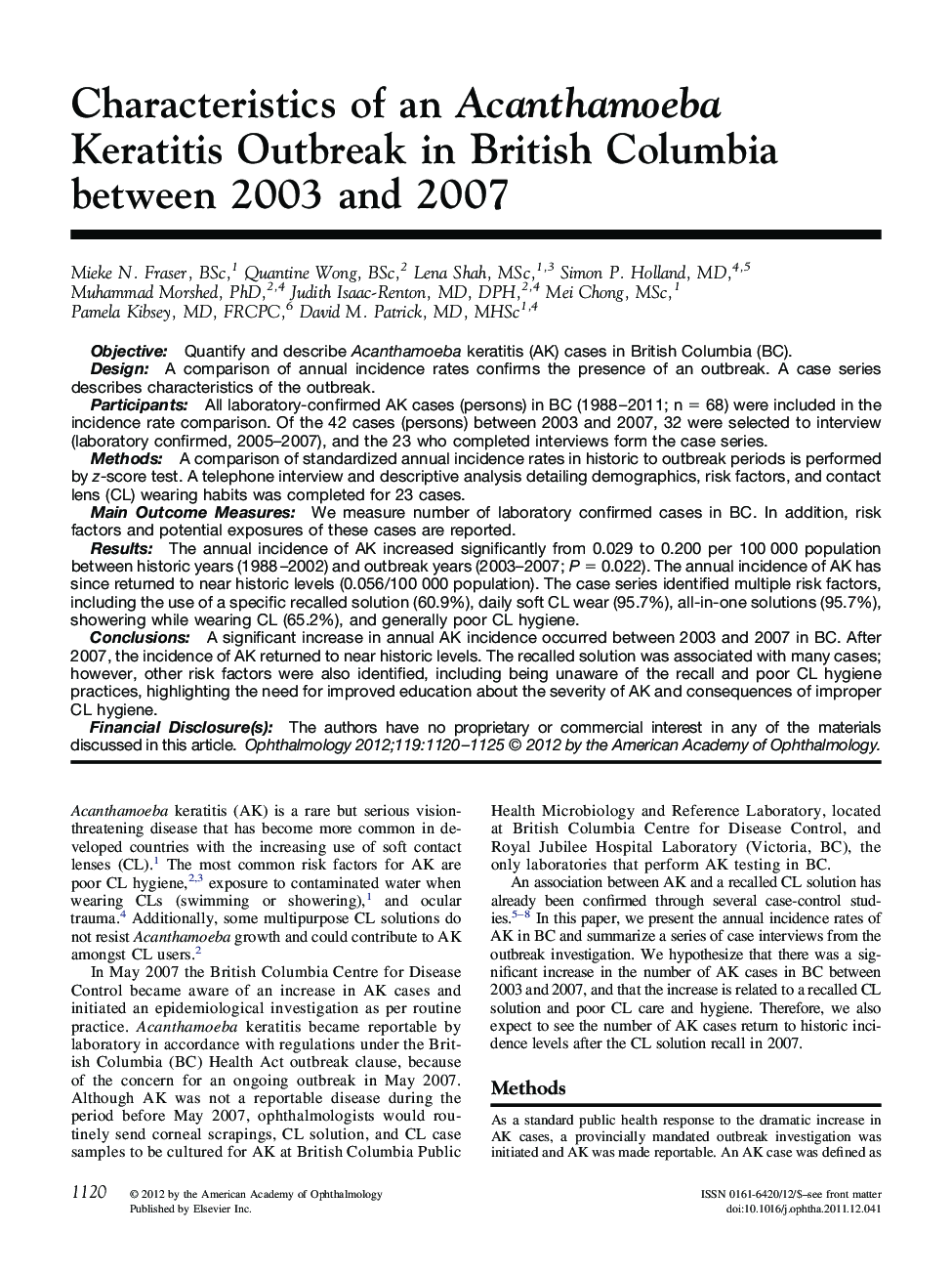 Characteristics of an Acanthamoeba Keratitis Outbreak in British Columbia between 2003 and 2007