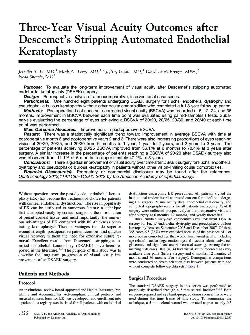 Three-Year Visual Acuity Outcomes after Descemet's Stripping Automated Endothelial Keratoplasty 