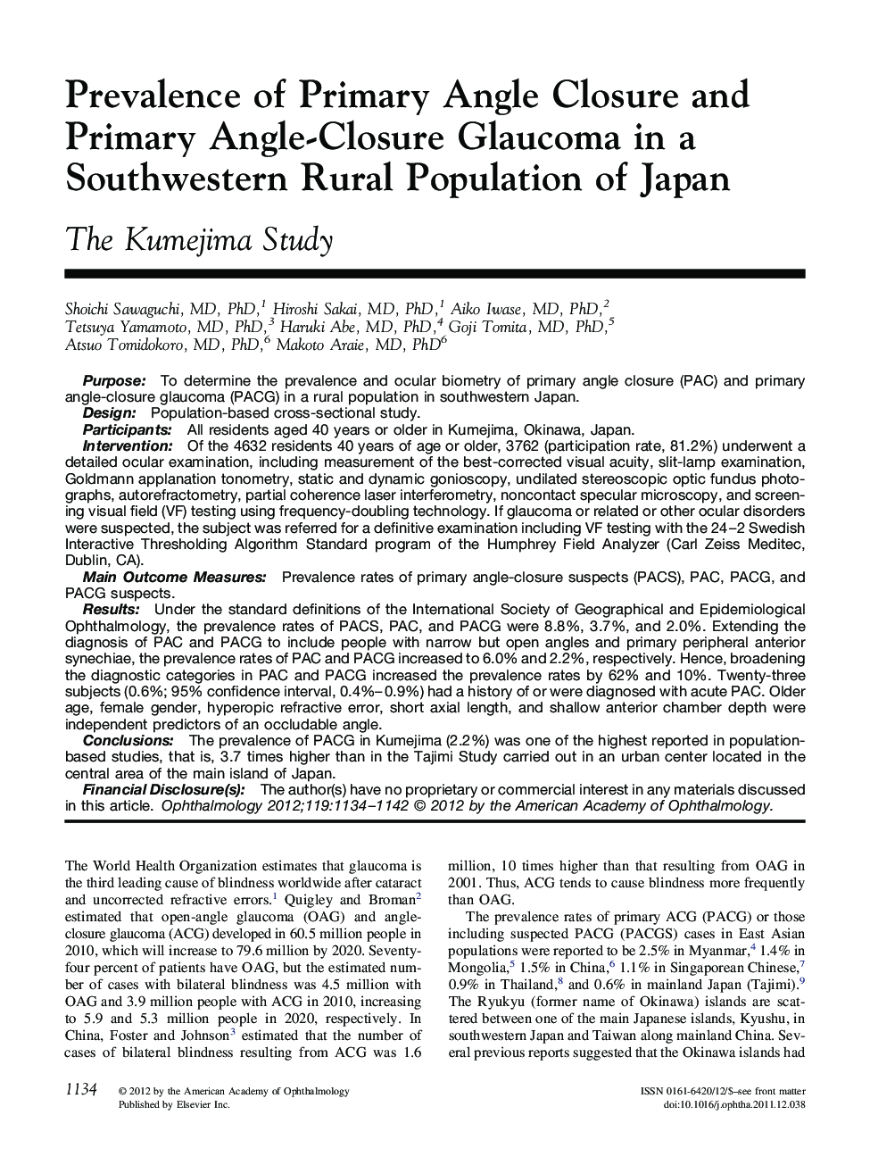 Prevalence of Primary Angle Closure and Primary Angle-Closure Glaucoma in a Southwestern Rural Population of Japan : The Kumejima Study