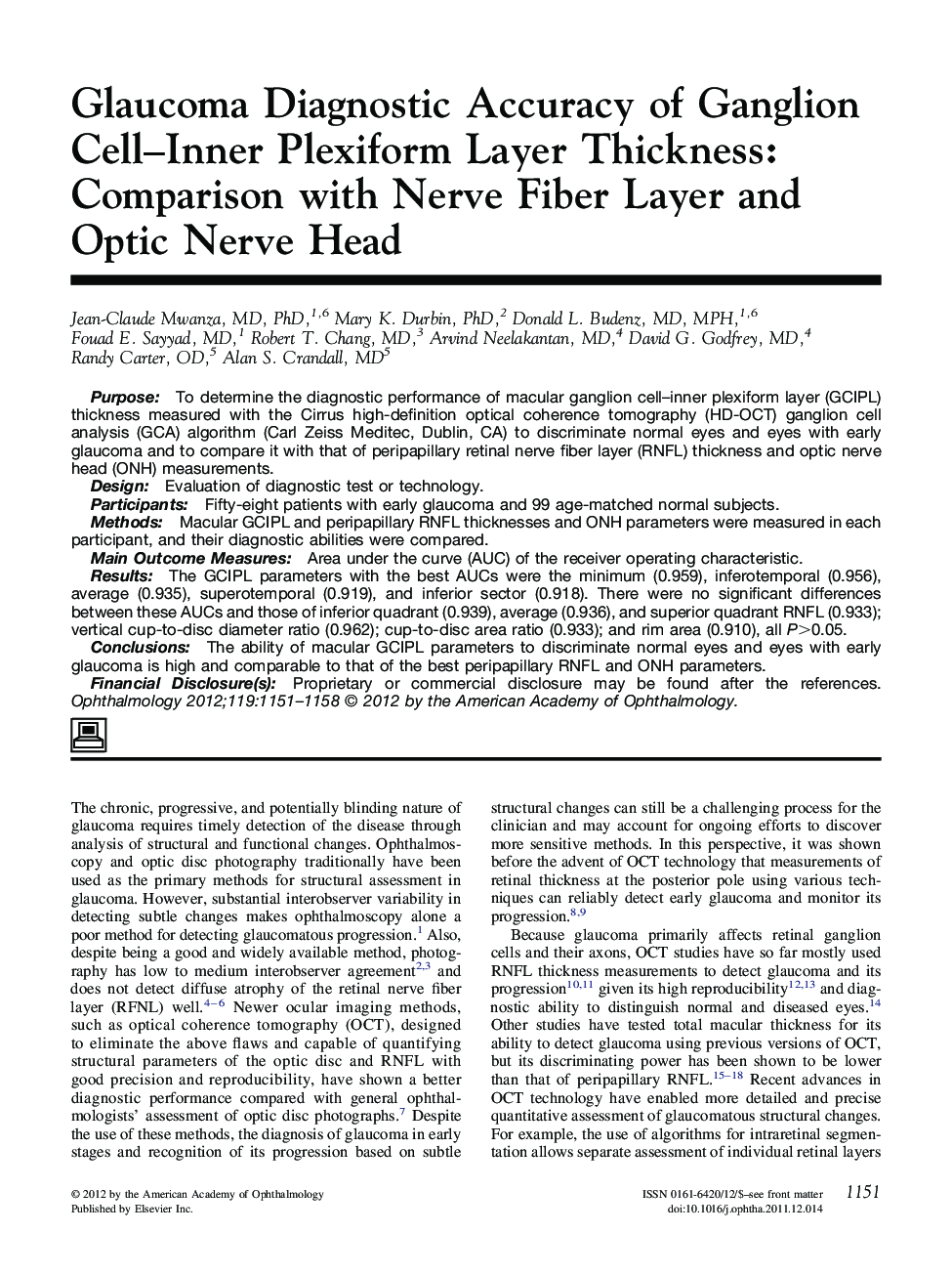 Glaucoma Diagnostic Accuracy of Ganglion Cell–Inner Plexiform Layer Thickness: Comparison with Nerve Fiber Layer and Optic Nerve Head 