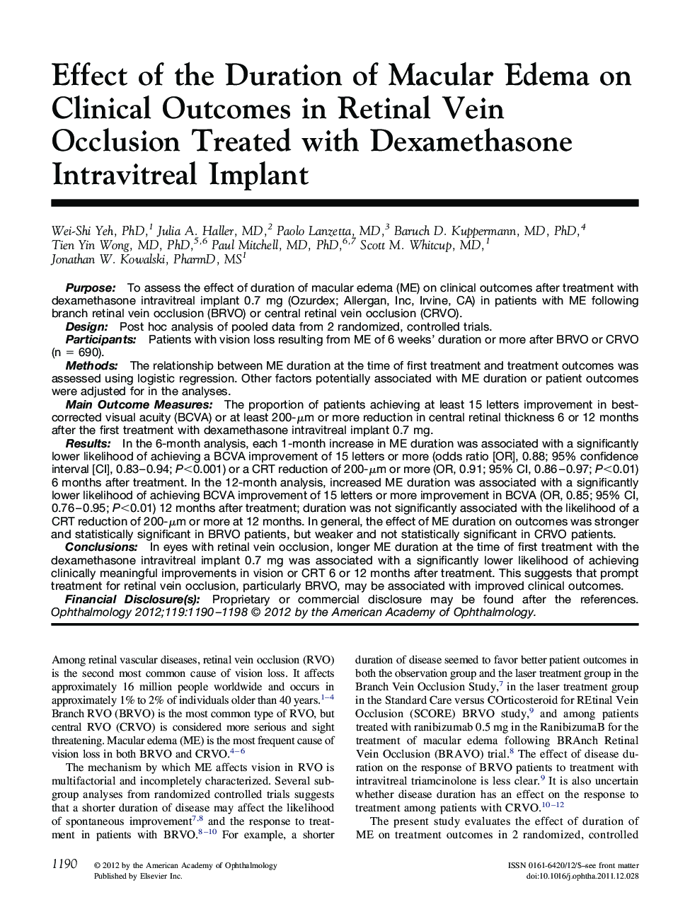 Effect of the Duration of Macular Edema on Clinical Outcomes in Retinal Vein Occlusion Treated with Dexamethasone Intravitreal Implant