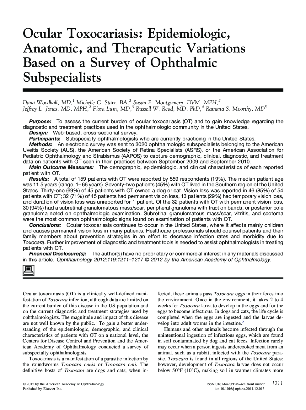 Ocular Toxocariasis: Epidemiologic, Anatomic, and Therapeutic Variations Based on a Survey of Ophthalmic Subspecialists