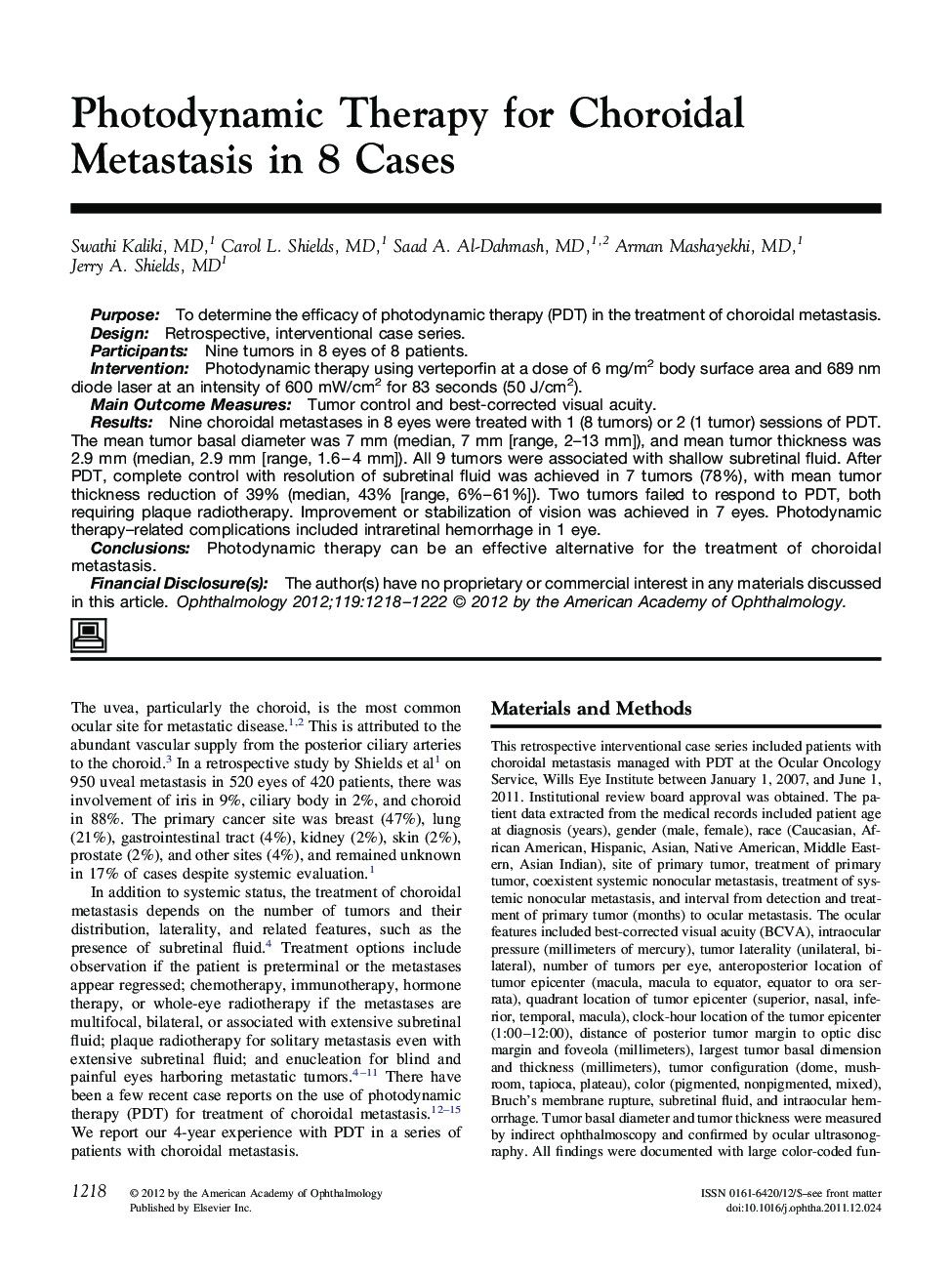 Photodynamic Therapy for Choroidal Metastasis in 8 Cases