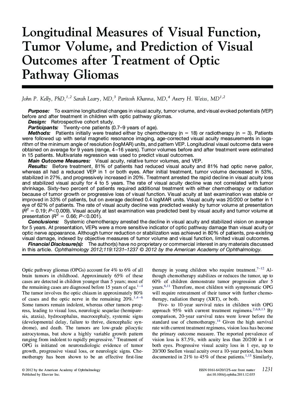Longitudinal Measures of Visual Function, Tumor Volume, and Prediction of Visual Outcomes after Treatment of Optic Pathway Gliomas