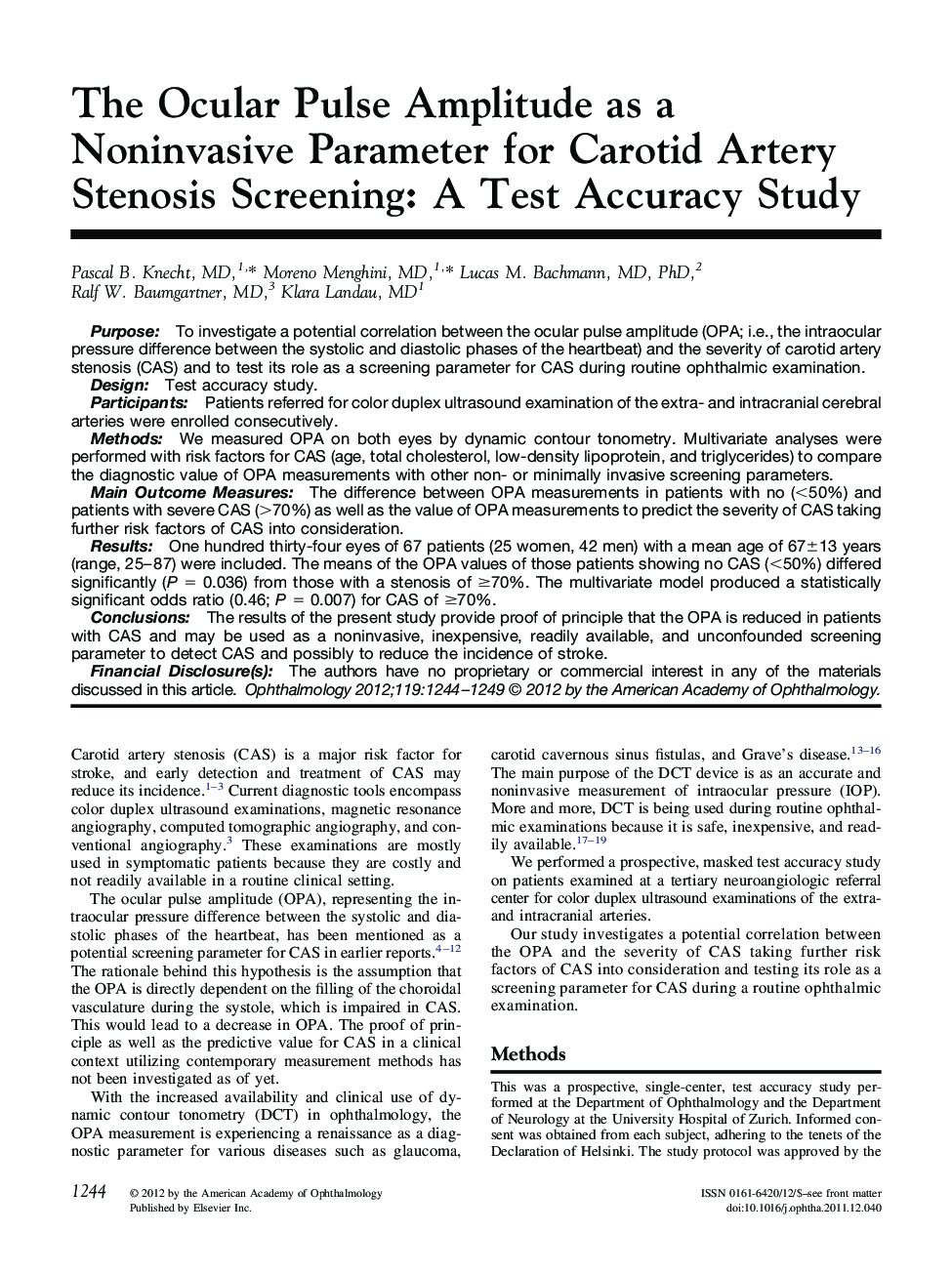 The Ocular Pulse Amplitude as a Noninvasive Parameter for Carotid Artery Stenosis Screening: A Test Accuracy Study