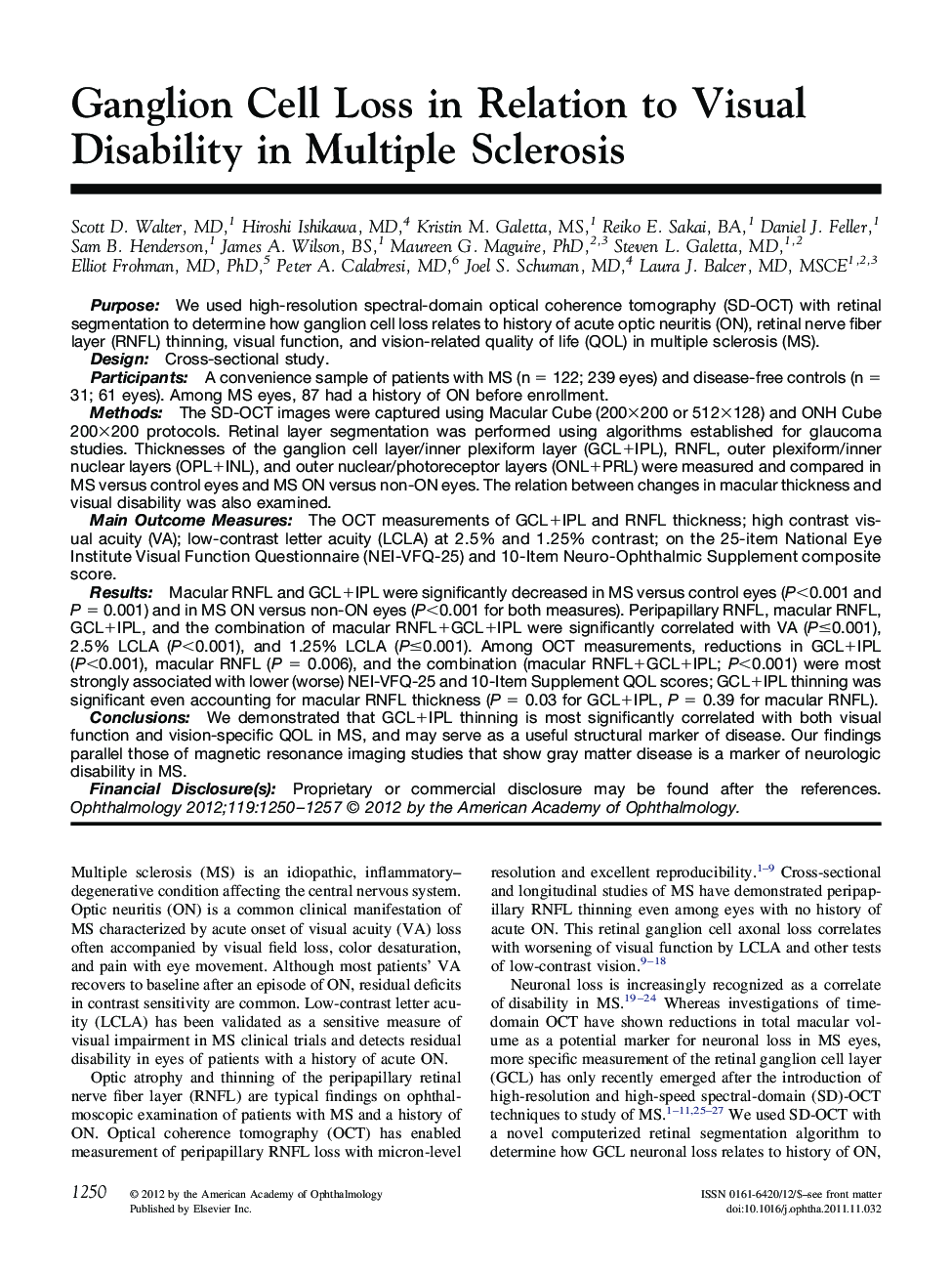 Ganglion Cell Loss in Relation to Visual Disability in Multiple Sclerosis 