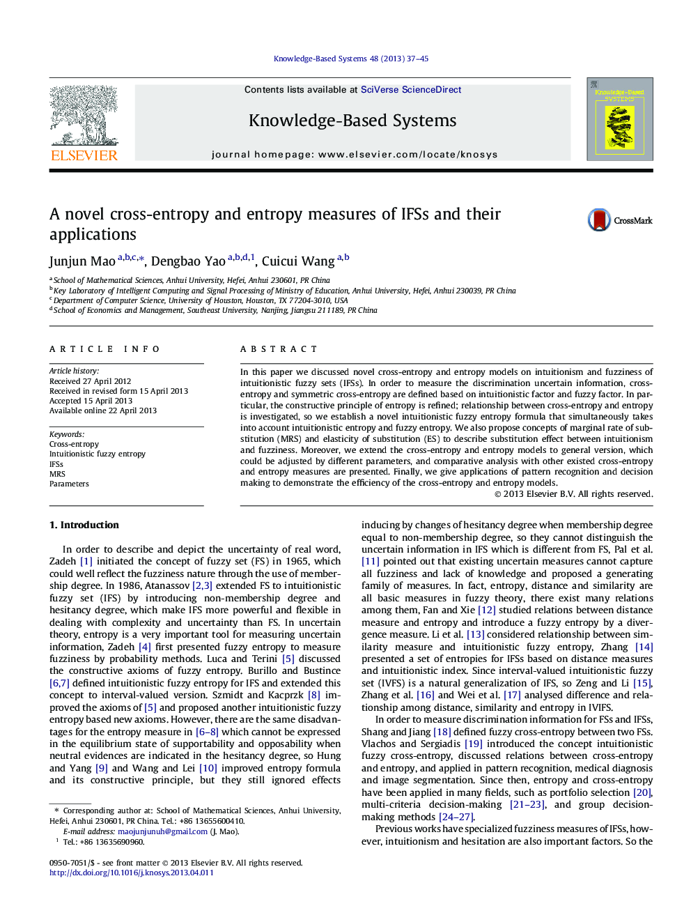 A novel cross-entropy and entropy measures of IFSs and their applications