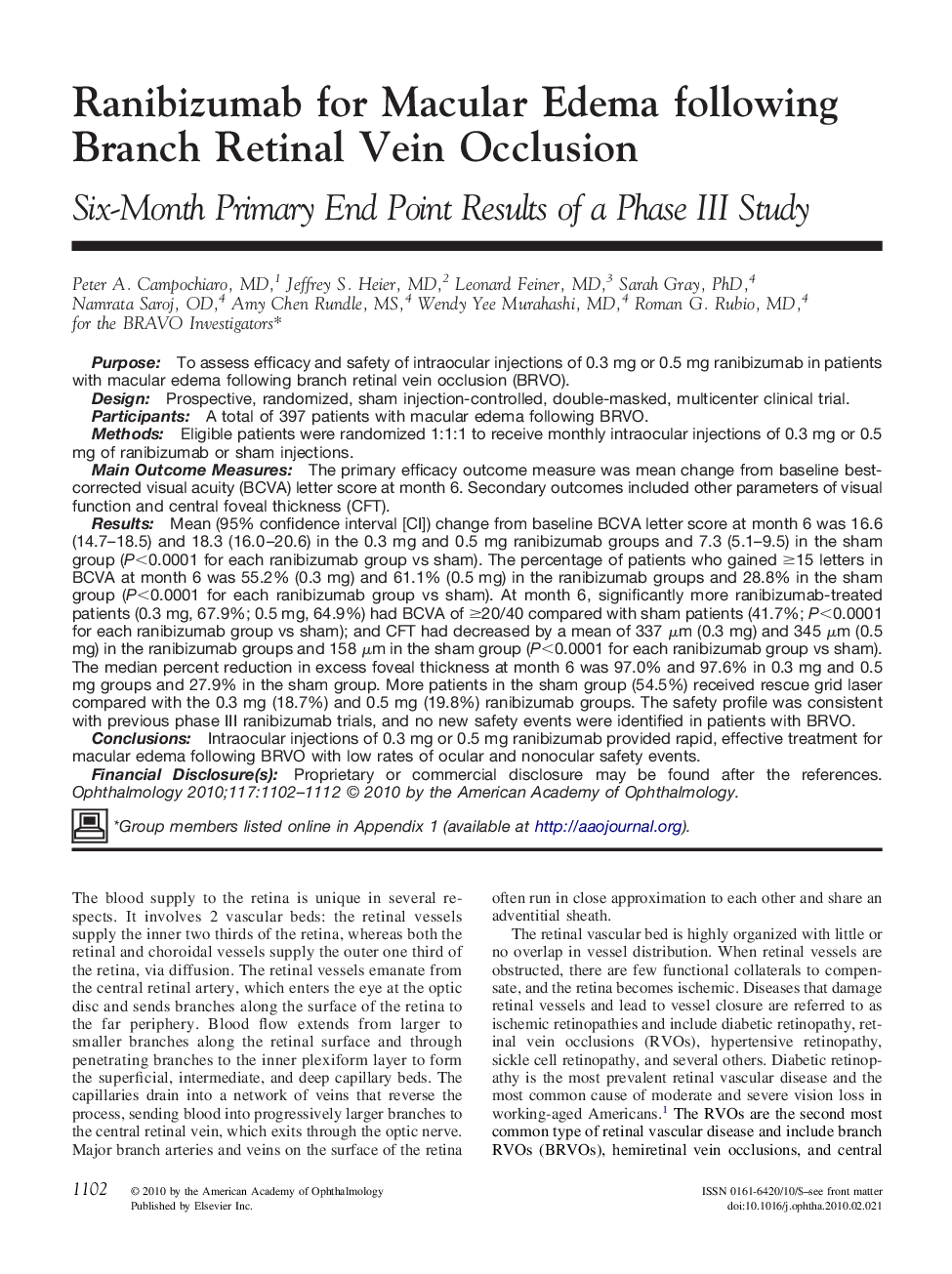 Ranibizumab for Macular Edema following Branch Retinal Vein Occlusion