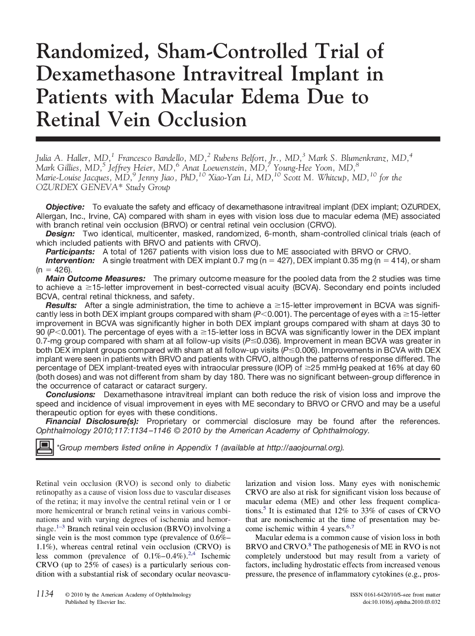Randomized, Sham-Controlled Trial of Dexamethasone Intravitreal Implant in Patients with Macular Edema Due to Retinal Vein Occlusion