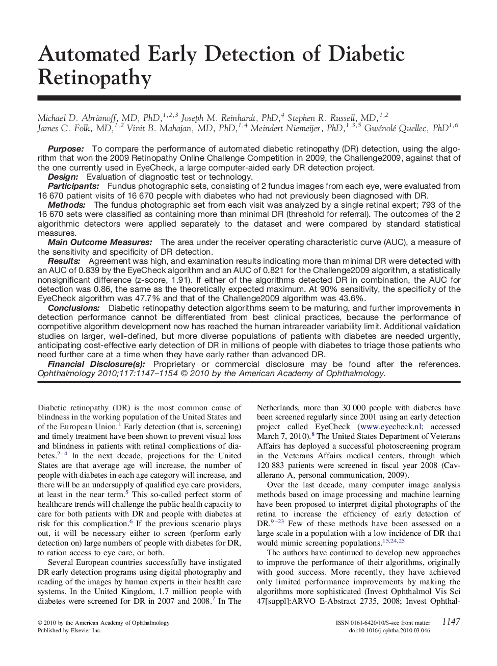 Automated Early Detection of Diabetic Retinopathy