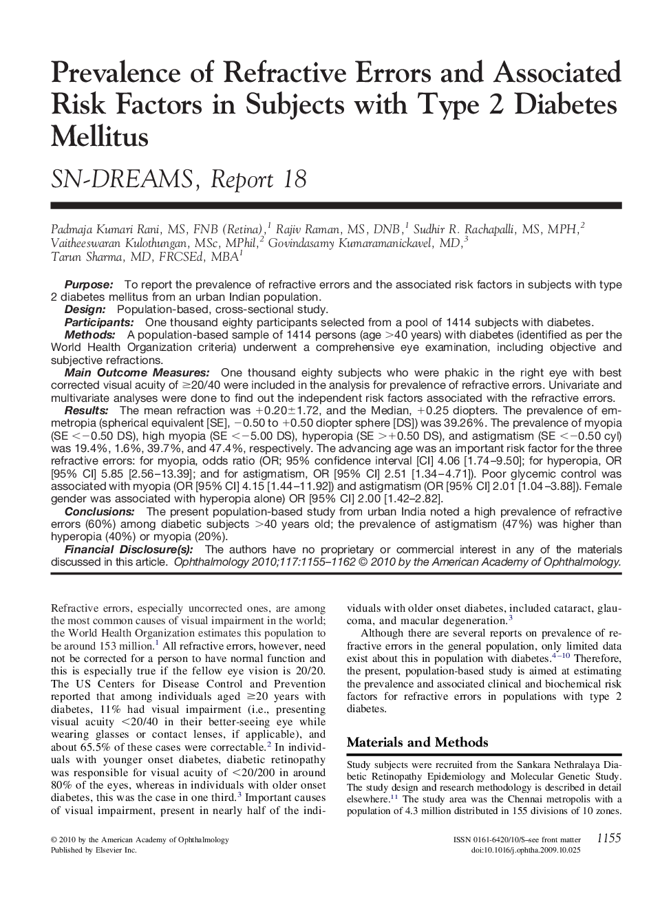 Prevalence of Refractive Errors and Associated Risk Factors in Subjects with Type 2 Diabetes Mellitus : SN-DREAMS, Report 18