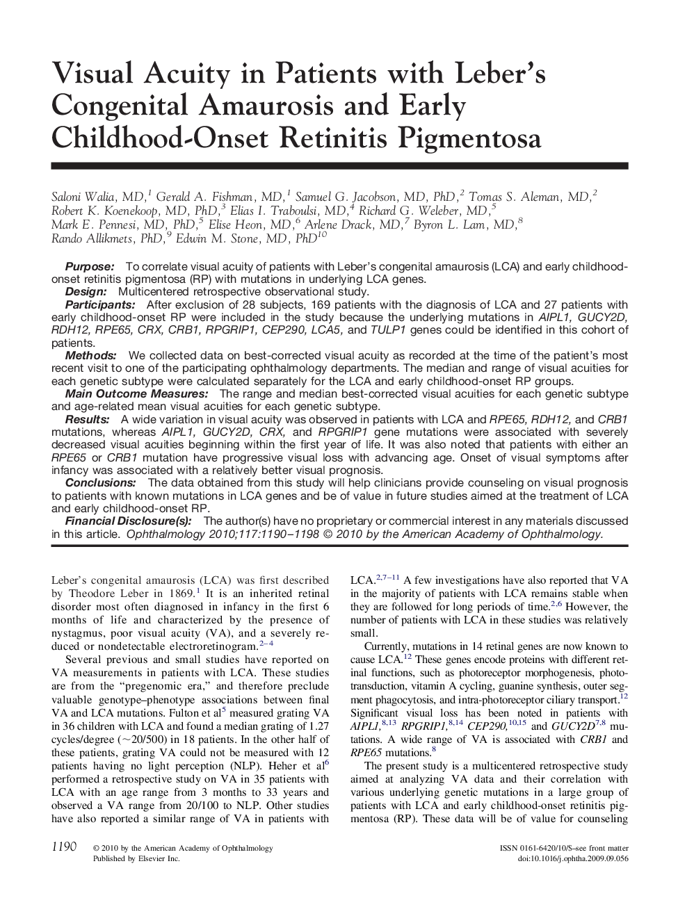 عکس صفحه اول مقاله: Visual Acuity in Patients with Leber's Congenital Amaurosis and Early Childhood-Onset Retinitis Pigmentosa Visual Acuity in Patients with Leber's Congenital Amaurosis and Early Childhood-Onset Retinitis Pigmentosa