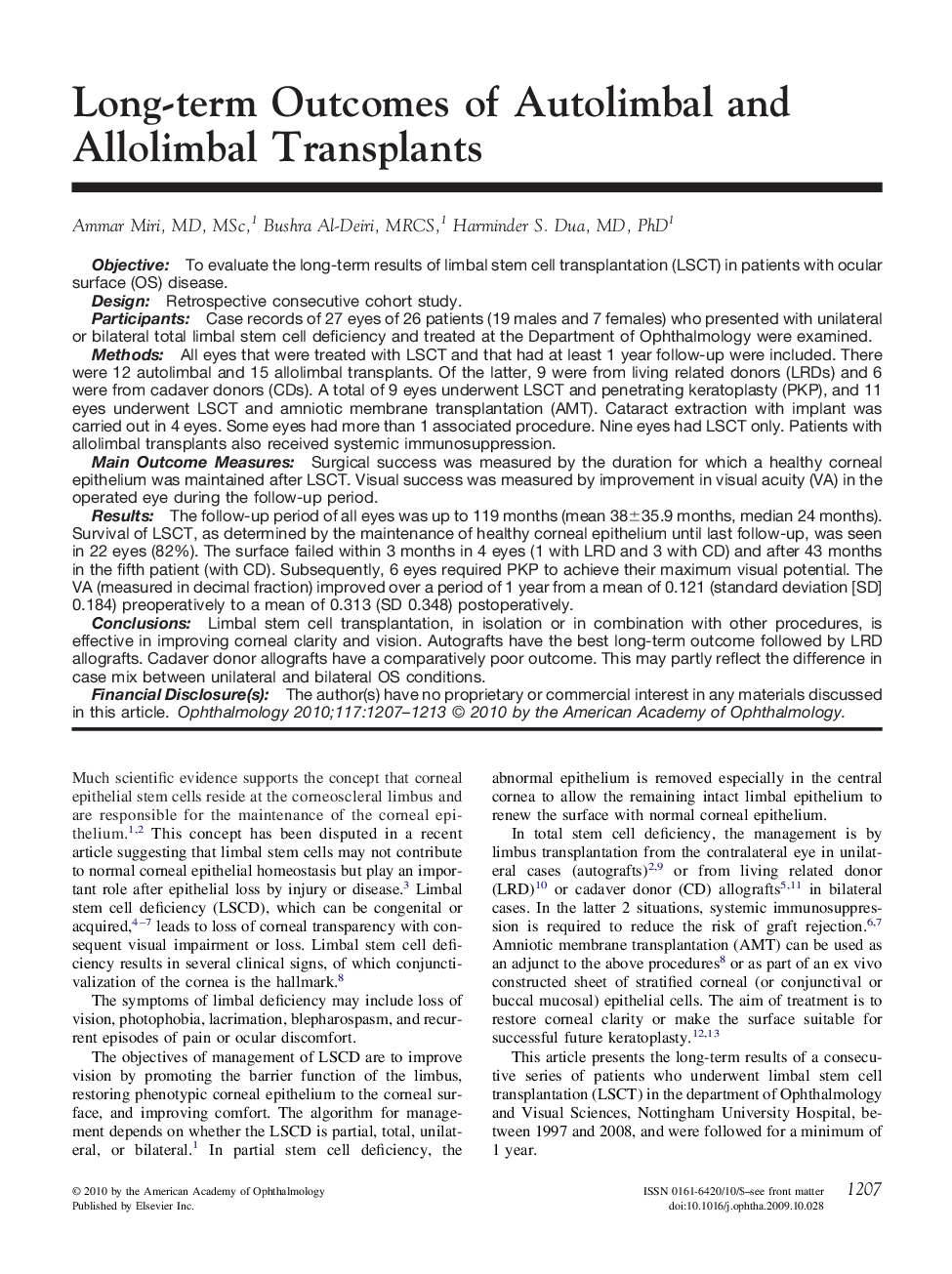 Long-term Outcomes of Autolimbal and Allolimbal Transplants