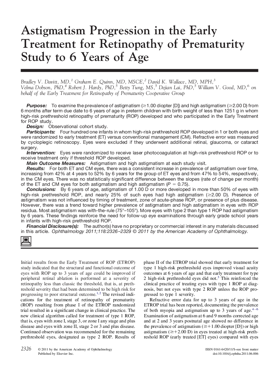 عکس صفحه اول مقاله: Astigmatism Progression in the Early Treatment for Retinopathy of Prematurity Study to 6 Years of Age Astigmatism Progression in the Early Treatment for Retinopathy of Prematurity Study to 6 Years of Age