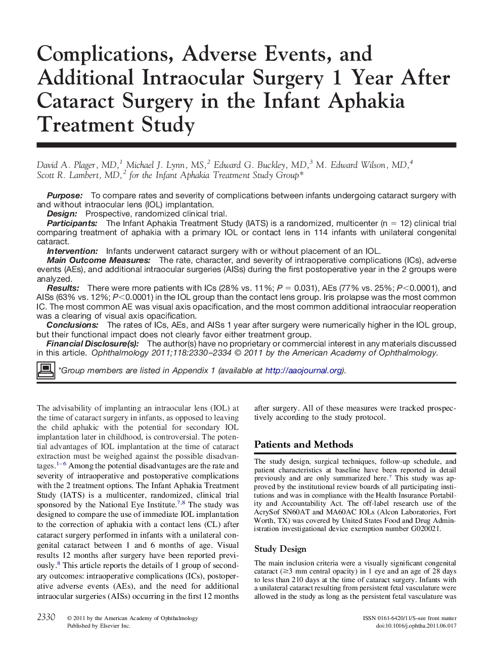 Complications, Adverse Events, and Additional Intraocular Surgery 1 Year After Cataract Surgery in the Infant Aphakia Treatment Study