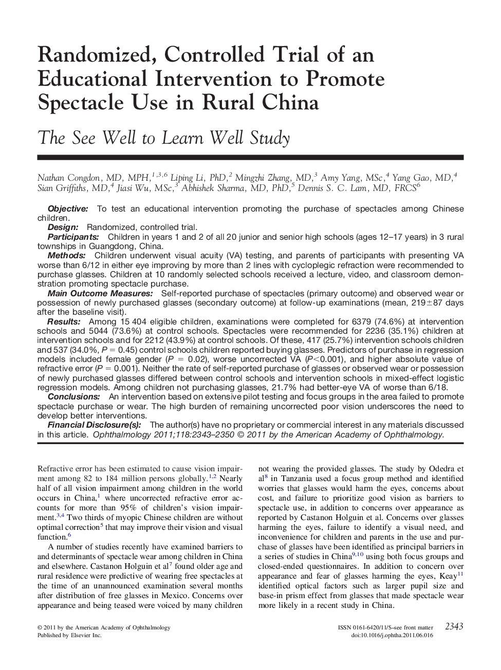 عکس صفحه اول مقاله: Randomized, Controlled Trial of an Educational Intervention to Promote Spectacle Use in Rural China Randomized, Controlled Trial of an Educational Intervention to Promote Spectacle Use in Rural China