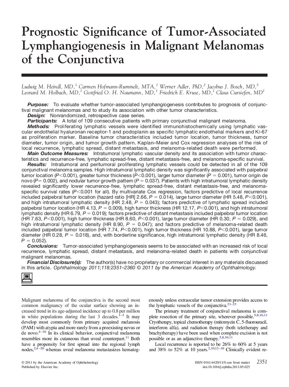 عکس صفحه اول مقاله: Prognostic Significance of Tumor-Associated Lymphangiogenesis in Malignant Melanomas of the Conjunctiva Prognostic Significance of Tumor-Associated Lymphangiogenesis in Malignant Melanomas of the Conjunctiva