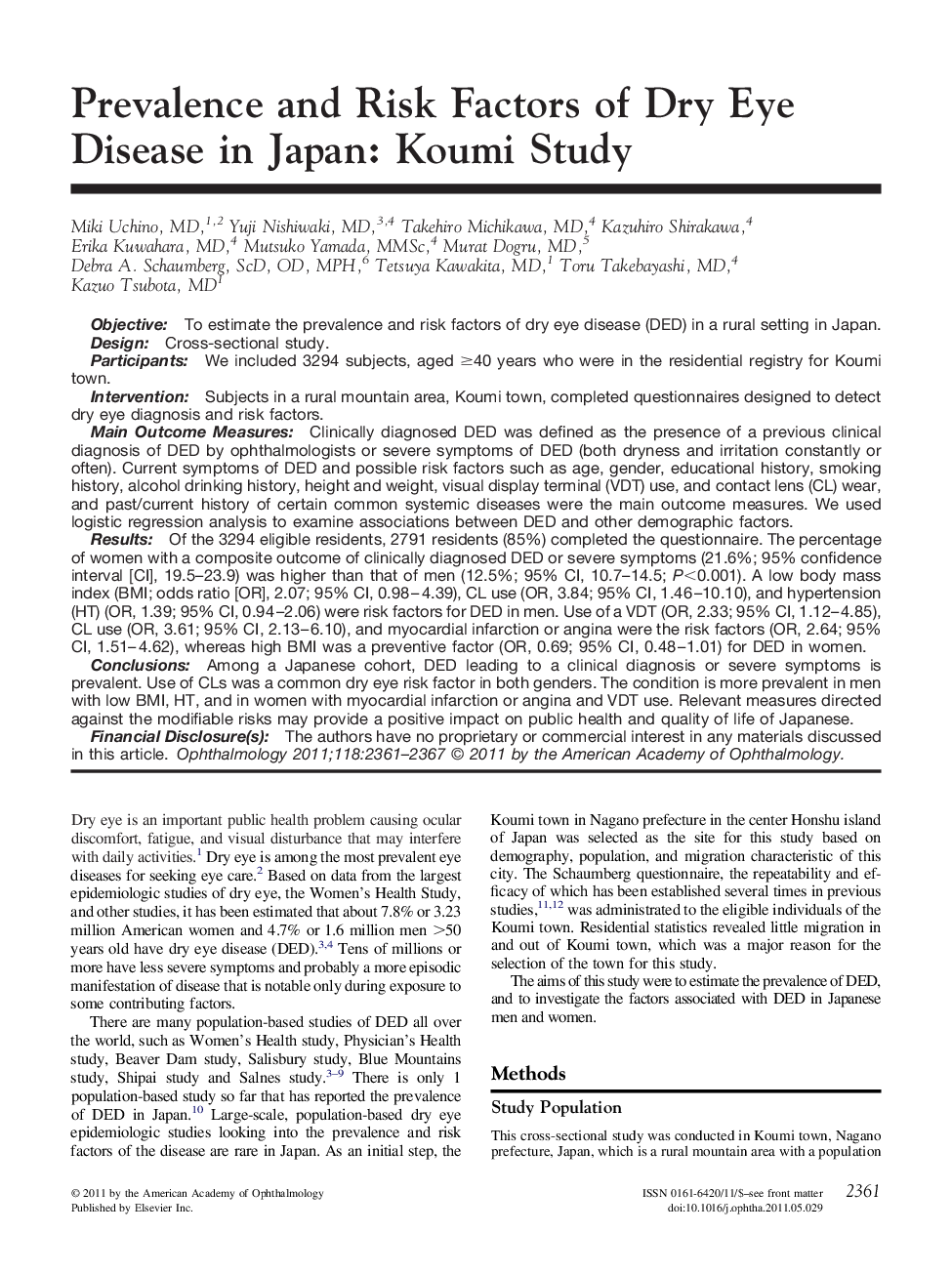 Prevalence and Risk Factors of Dry Eye Disease in Japan: Koumi Study