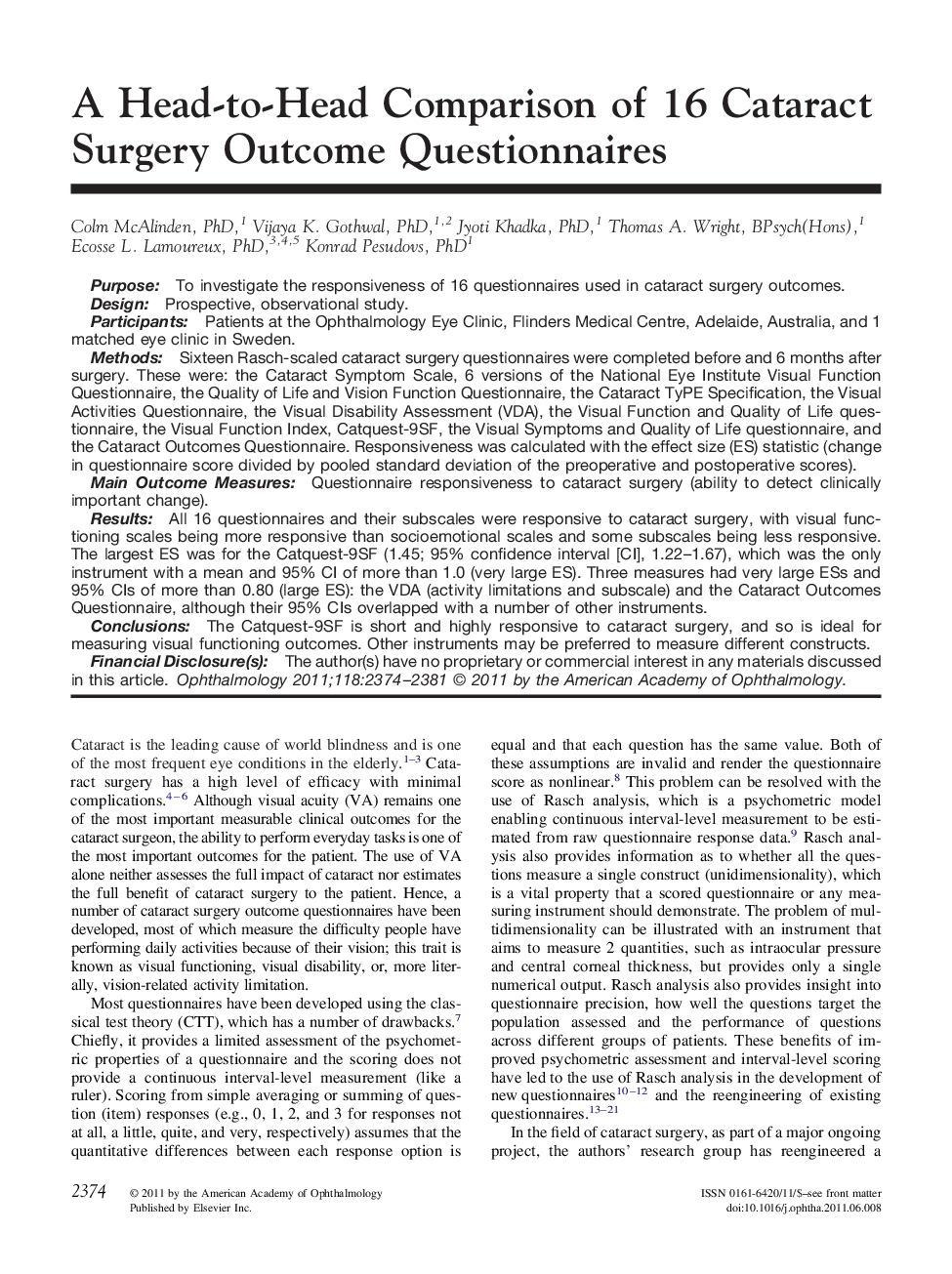 عکس صفحه اول مقاله: A Head-to-Head Comparison of 16 Cataract Surgery Outcome Questionnaires A Head-to-Head Comparison of 16 Cataract Surgery Outcome Questionnaires