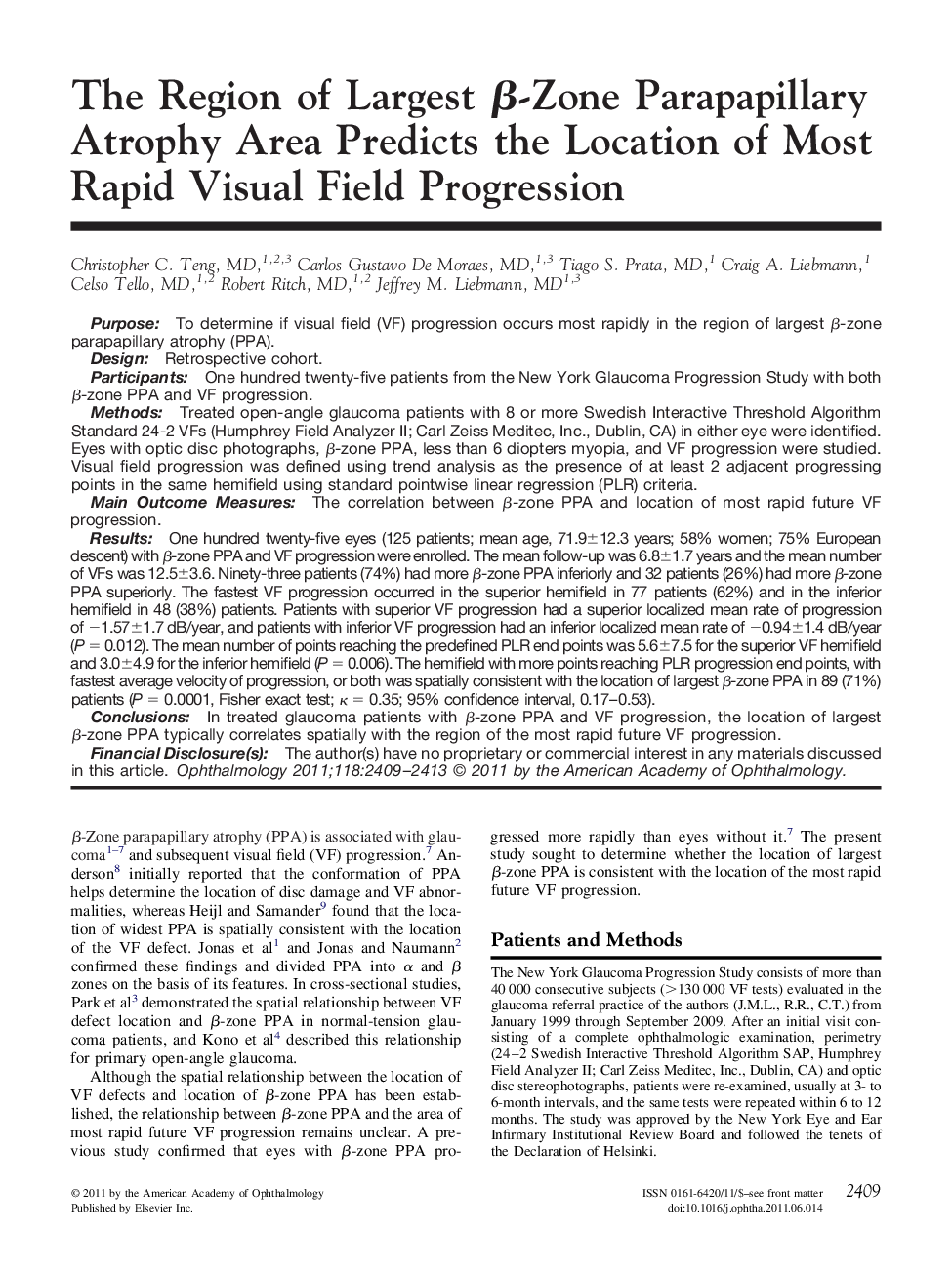 The Region of Largest β-Zone Parapapillary Atrophy Area Predicts the Location of Most Rapid Visual Field Progression 