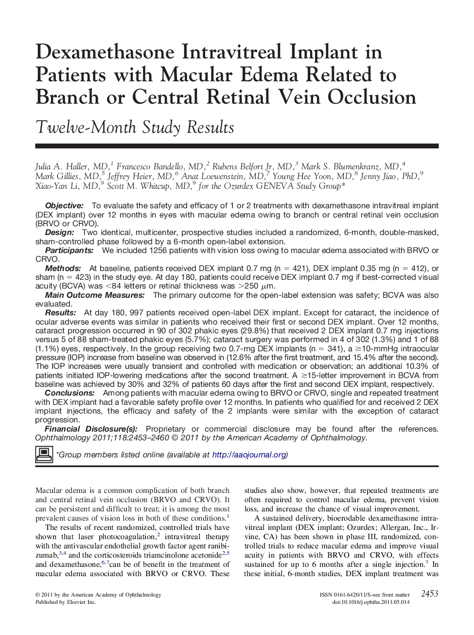 عکس صفحه اول مقاله: Dexamethasone Intravitreal Implant in Patients with Macular Edema Related to Branch or Central Retinal Vein Occlusion Dexamethasone Intravitreal Implant in Patients with Macular Edema Related to Branch or Central Retinal Vein Occlusion
