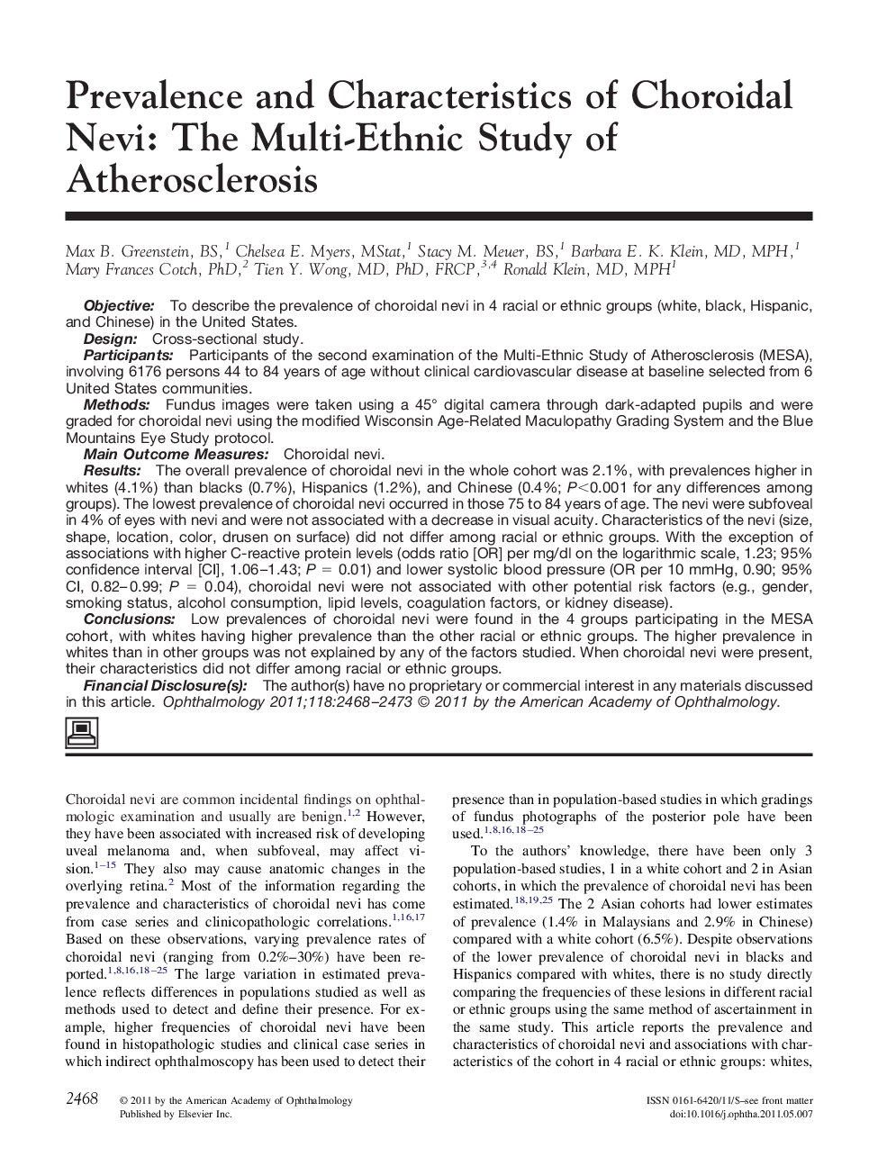 عکس صفحه اول مقاله: Prevalence and Characteristics of Choroidal Nevi: The Multi-Ethnic Study of Atherosclerosis Prevalence and Characteristics of Choroidal Nevi: The Multi-Ethnic Study of Atherosclerosis