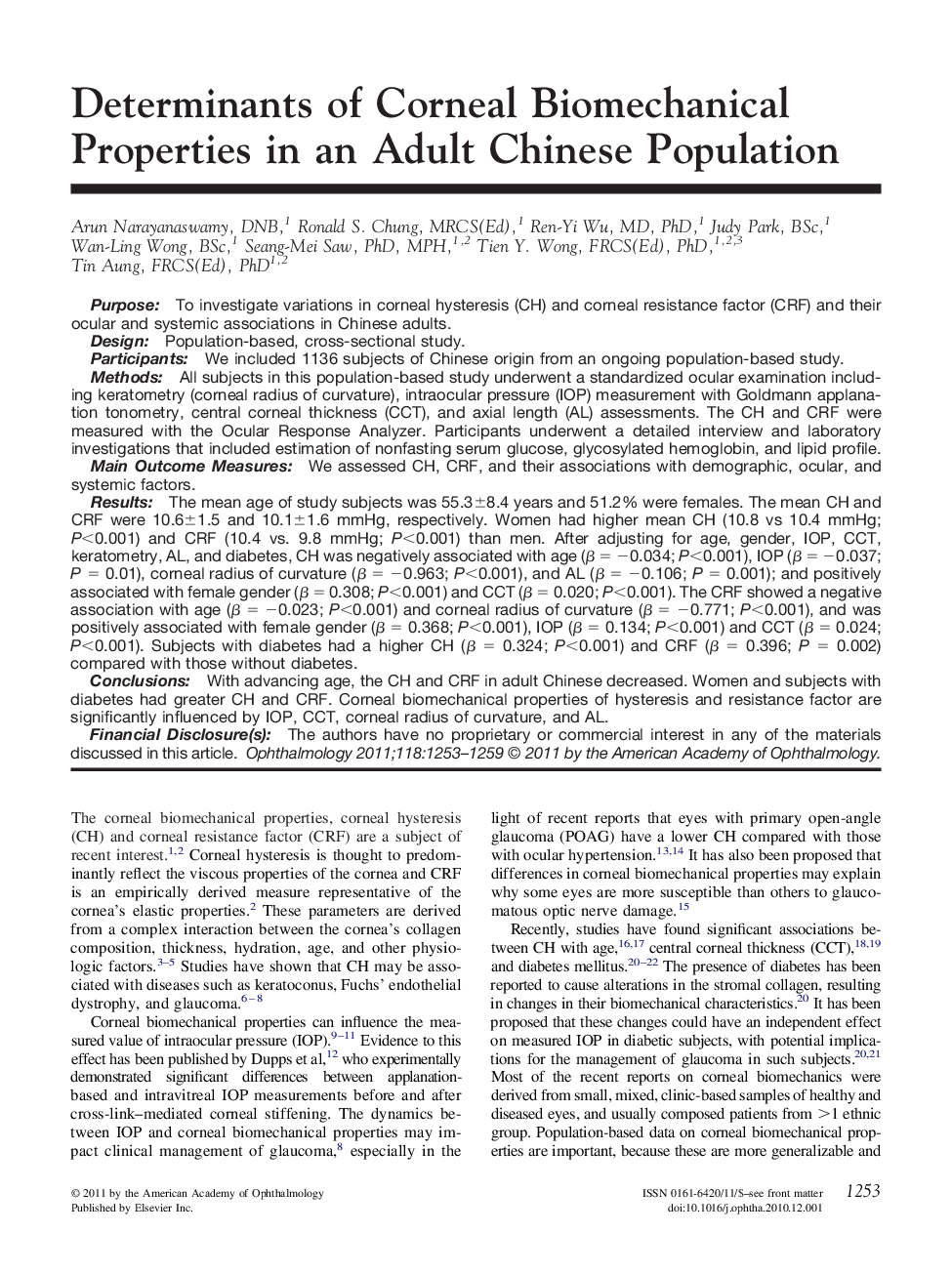 Determinants of Corneal Biomechanical Properties in an Adult Chinese Population