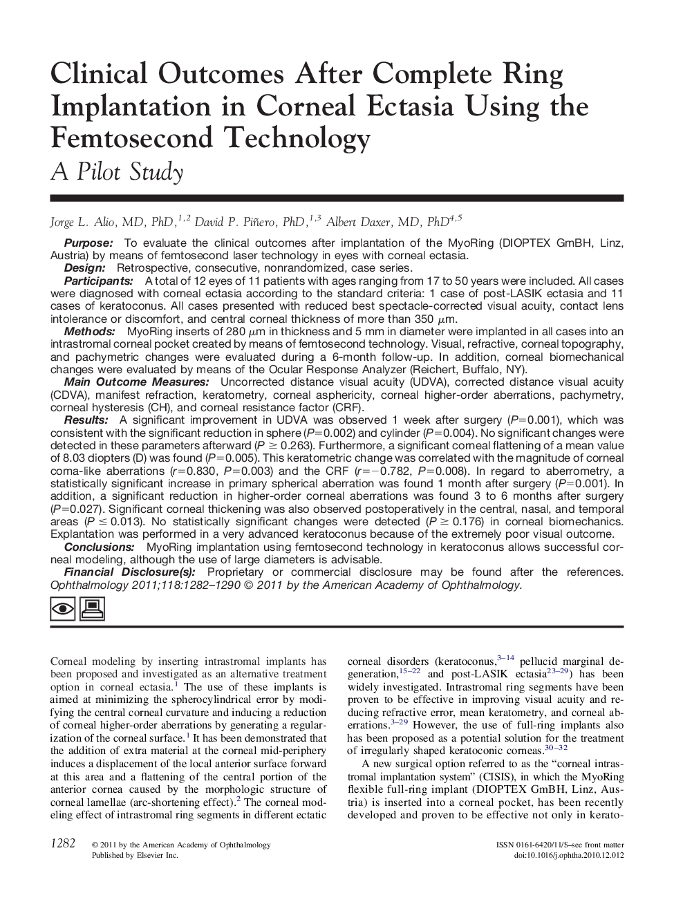 عکس صفحه اول مقاله: Clinical Outcomes After Complete Ring Implantation in Corneal Ectasia Using the Femtosecond Technology Clinical Outcomes After Complete Ring Implantation in Corneal Ectasia Using the Femtosecond Technology