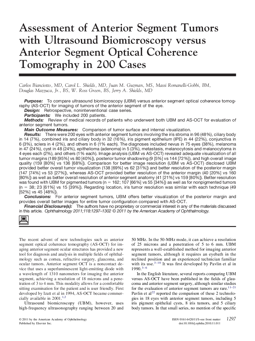 Assessment of Anterior Segment Tumors with Ultrasound Biomicroscopy versus Anterior Segment Optical Coherence Tomography in 200 Cases