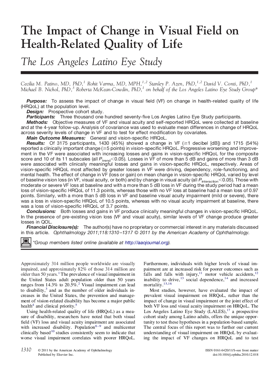 The Impact of Change in Visual Field on Health-Related Quality of Life : The Los Angeles Latino Eye Study