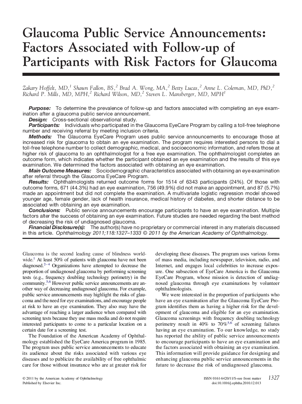 Glaucoma Public Service Announcements: Factors Associated with Follow-up of Participants with Risk Factors for Glaucoma