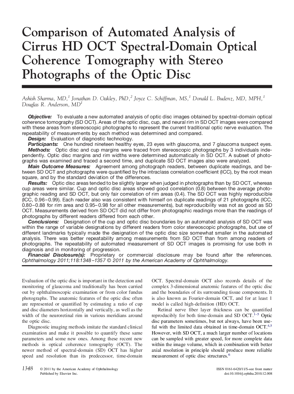 Comparison of Automated Analysis of Cirrus HD OCT Spectral-Domain Optical Coherence Tomography with Stereo Photographs of the Optic Disc 